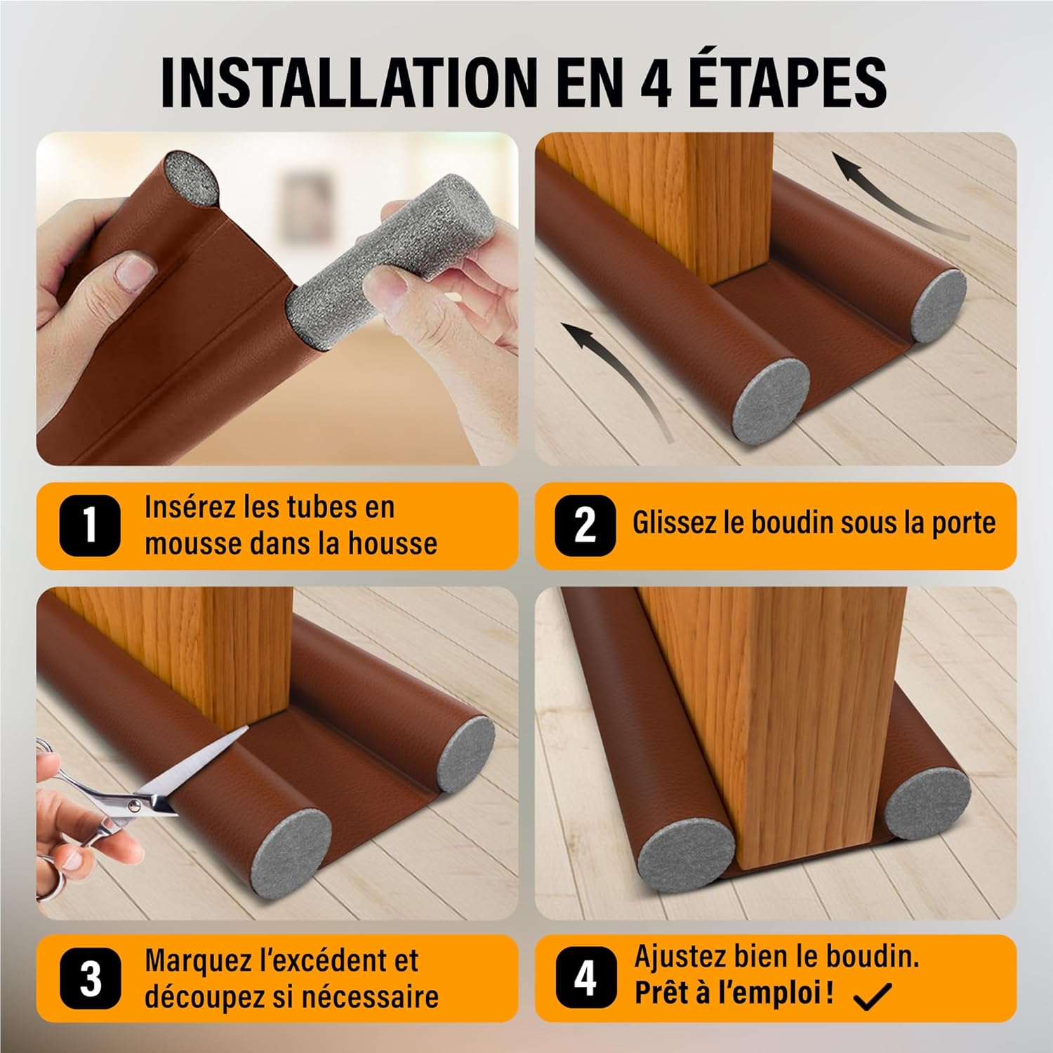Boudin de Porte Isolant Froid – Bas de Porte Isolant, Anti Courant d'air, Isolation Phonique et Thermique,Ajustable jusqu'à 93cm (1, Marron) - 4