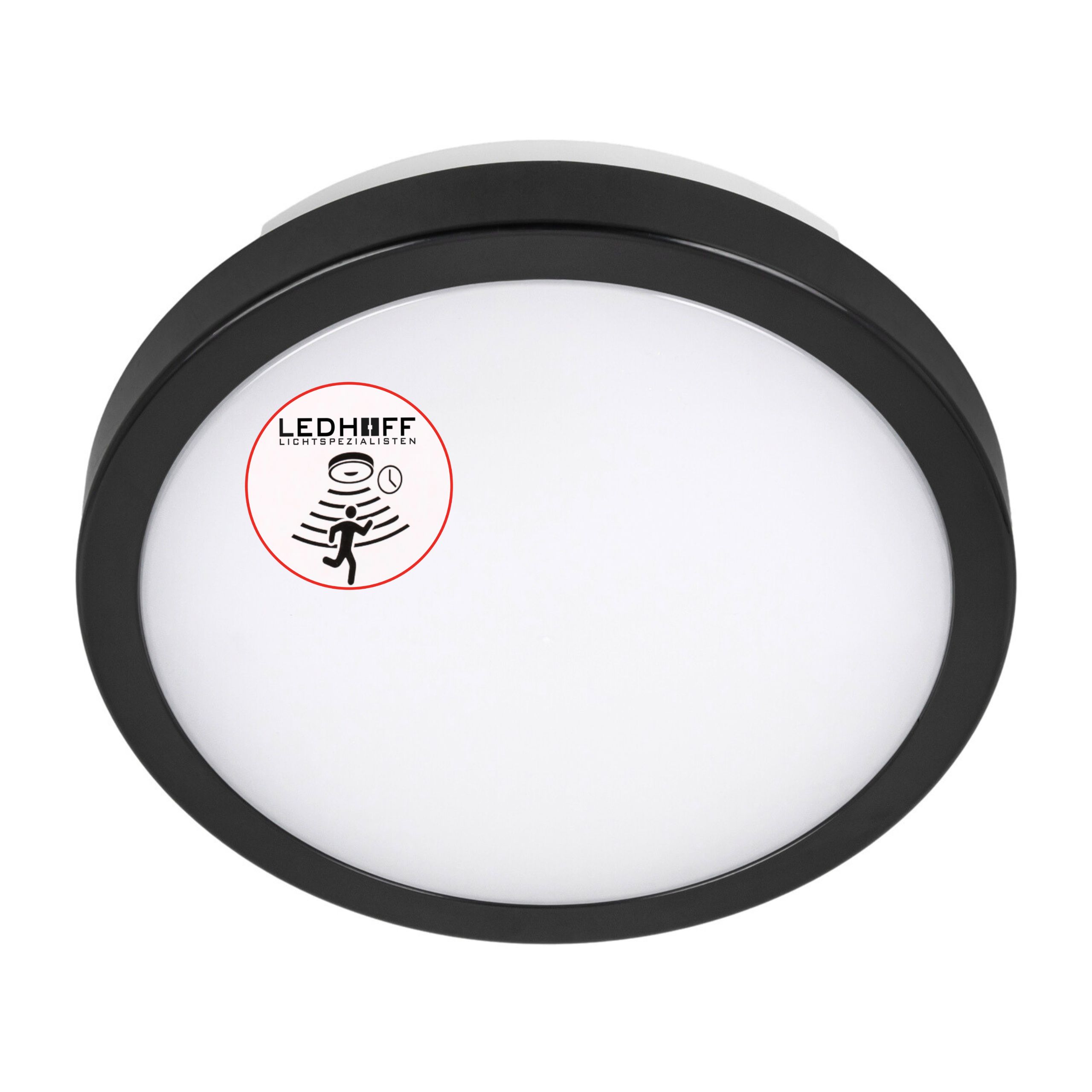 Lampa czarna LED z czujnikiem ruchu - Okrągły plafon przed dom 18W - Mały panel IP65 22cm do łazienki - LEDHOFF