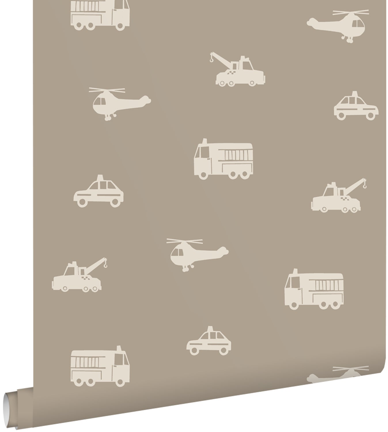 Tapeta samochody, wozy strażackie, helikoptery i dźwigi taupe - 53 cm x 10.05 m - ESTAHOME