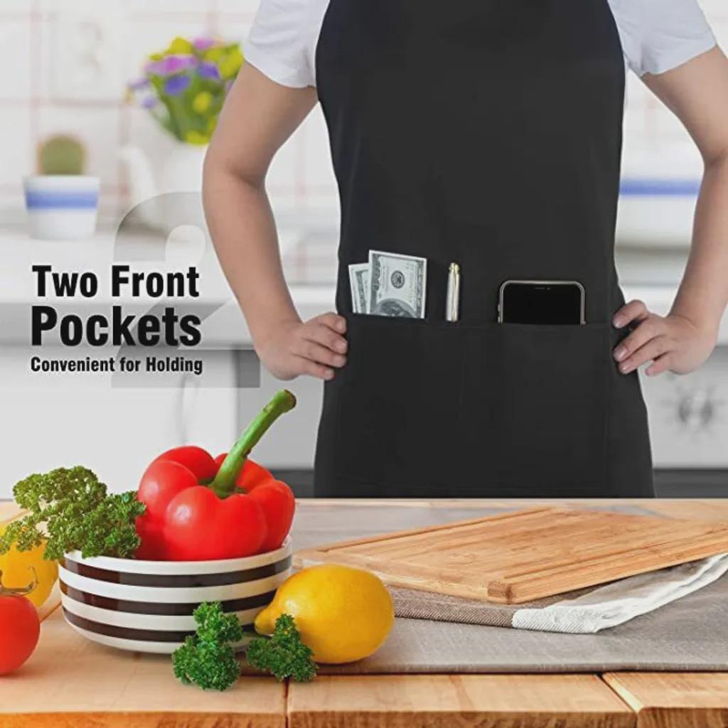 Tablier de cuisine 4 pièces, tablier noir pour hommes et femmes, tablier imperméable avec 2 poches, tablier tour de cou réglable pour la cuisine - 5