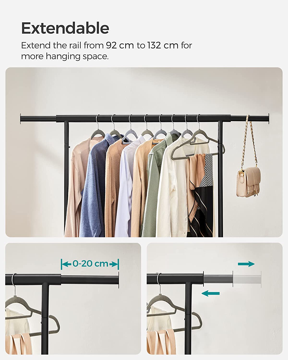 SONGMICS Portant à Vêtements avec Roulettes, Lot de 2, Tringle Extensible pour Charge Lourde, Porte-manteau, Rangement, Capacité de Charge 90 kg, Noir - 4
