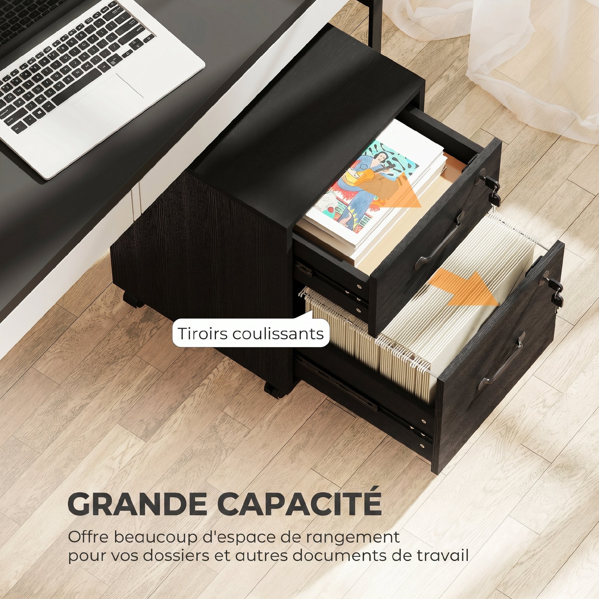 Classeur mobile à 2 tiroirs, meuble de rangement roulant pour dossiers ...