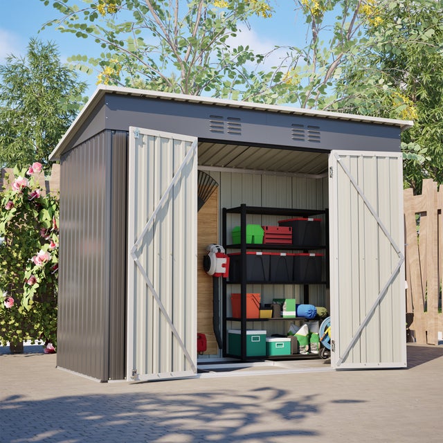 Abri de jardin métal 3,05m² acier galvanisé,242x126x182cm,toit monopente adossé étanche,porte verrouillable,ventilation,cadre de fondation inclus,gris