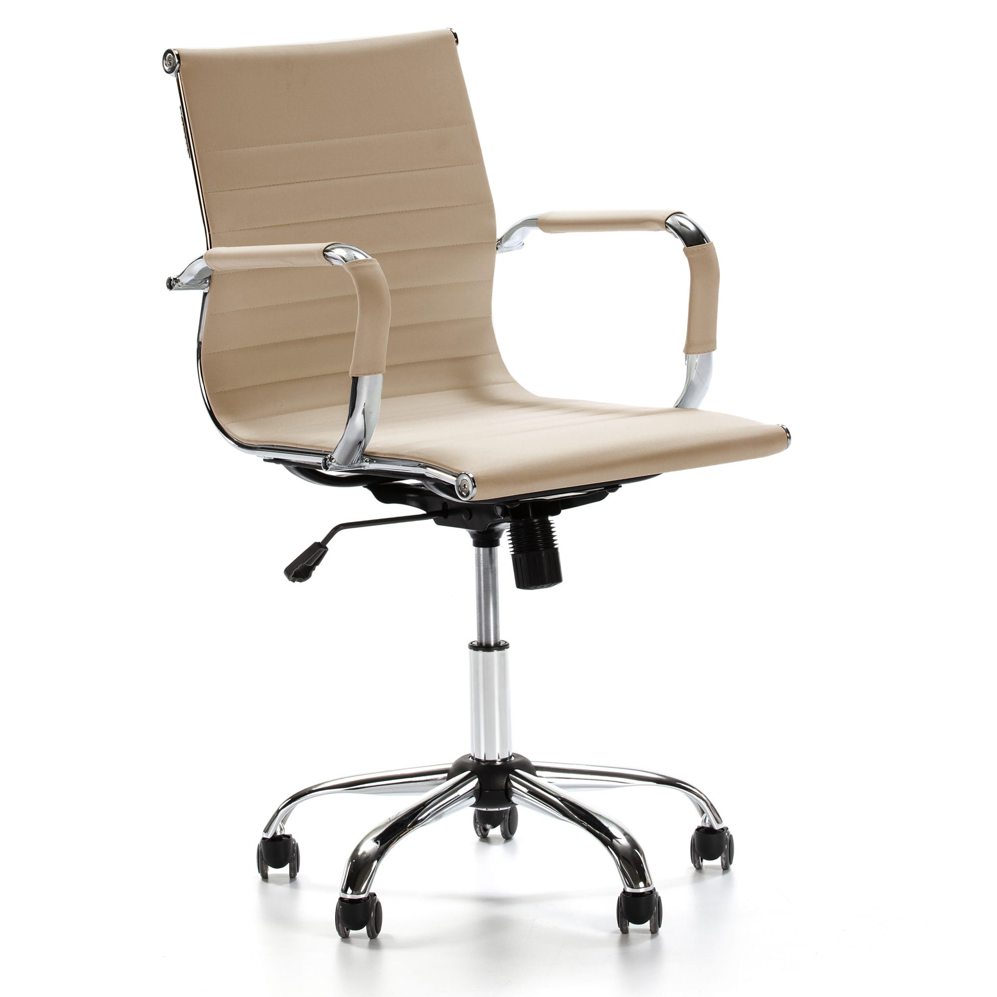 Sedia da ufficio girevole in similpelle marrone con braccioli imbottiti e base cromata - Leon Sedia da ufficio girevole in similpelle marrone con braccioli imbottiti e base cromata - Leon