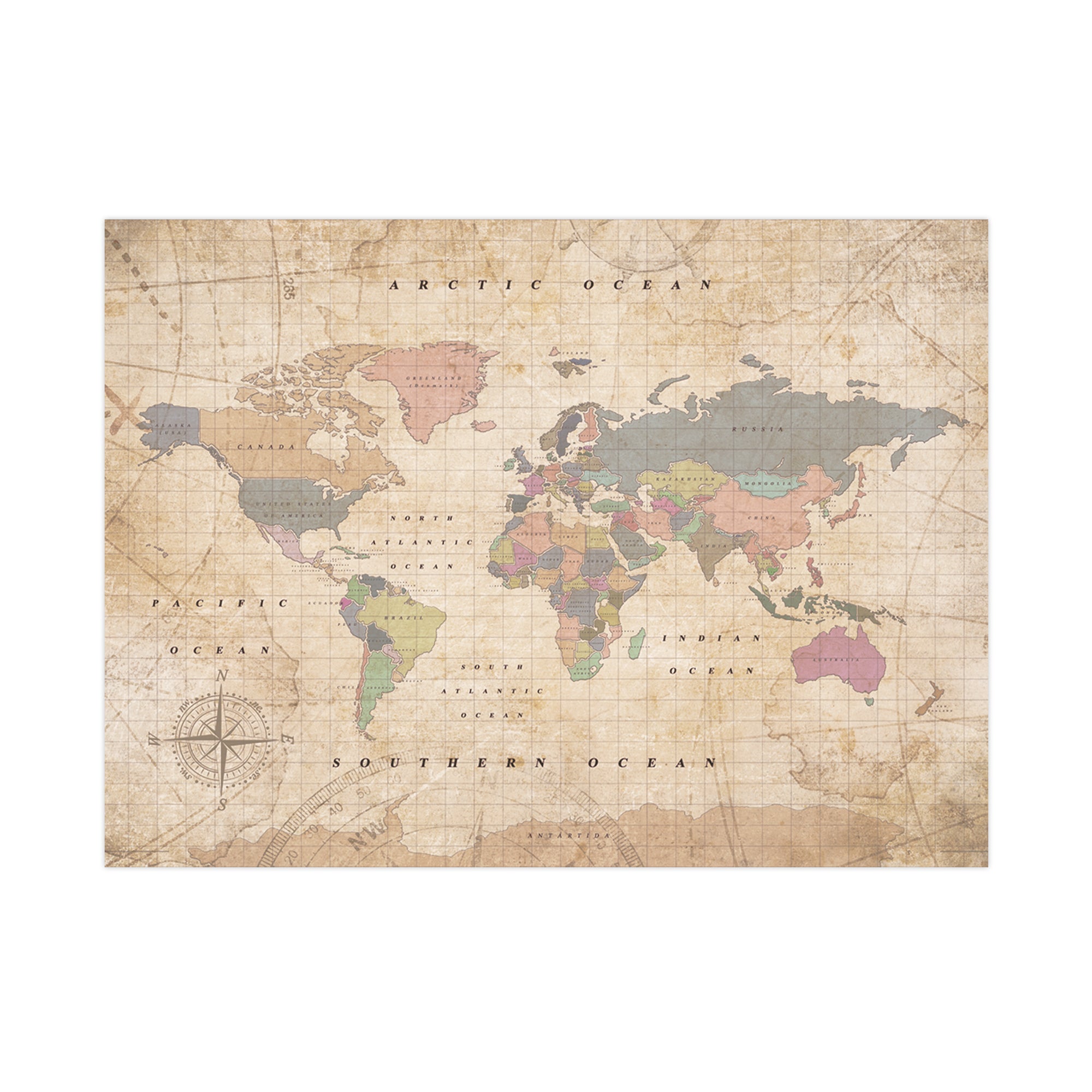 Mapamundi corcho - woody map watercolor old school / 90 x 60 cm / sin marco