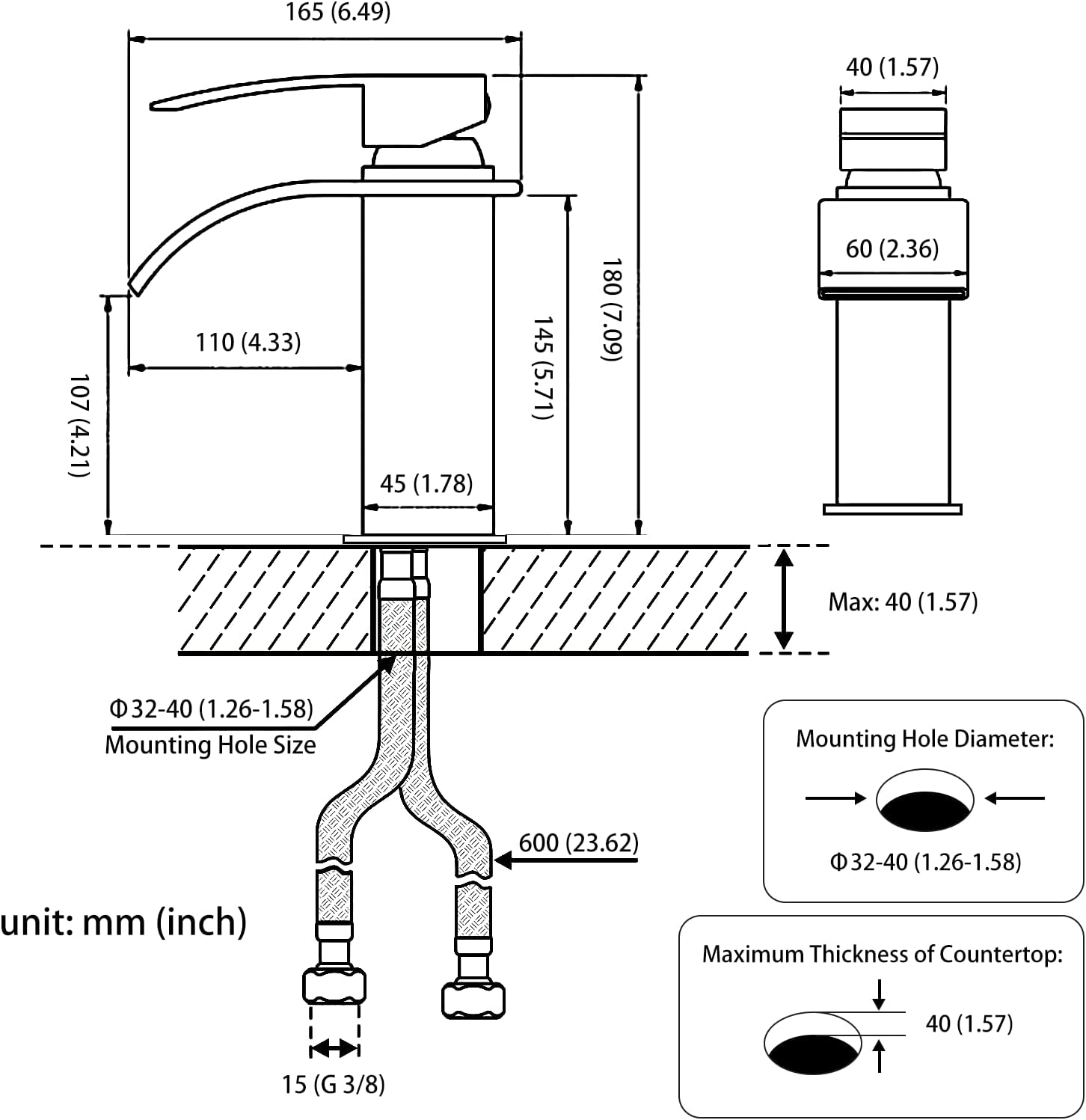 Robinet cascade salle de bain doré brossé,mitigeur en laiton sans tirette,hauteur sous bec 107 mm,style moderne et élégant pour vasque ou lavabo - 3