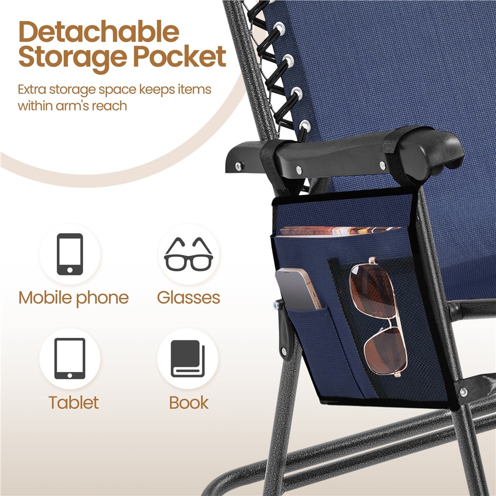 Fauteuil à Bascule Pliant en Toile et Métal avec Têtière Réglable, Poche de Rangement, Bleu Marine Yaheetech - 7