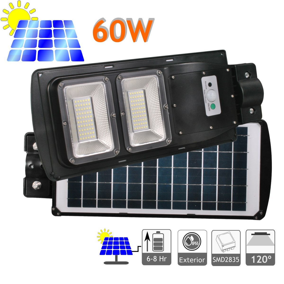 Lampa uliczna LED 60 W Solarowa zewnętrzna IP67 Zintegrowany panel 120 LED 850 lumenów 6600 K zimna biel, pilot zdalnego sterowania