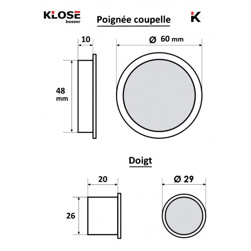 Coupelle et doigt pour poignée de porte coulissante à galandage couleur inox Klose Besser - 2