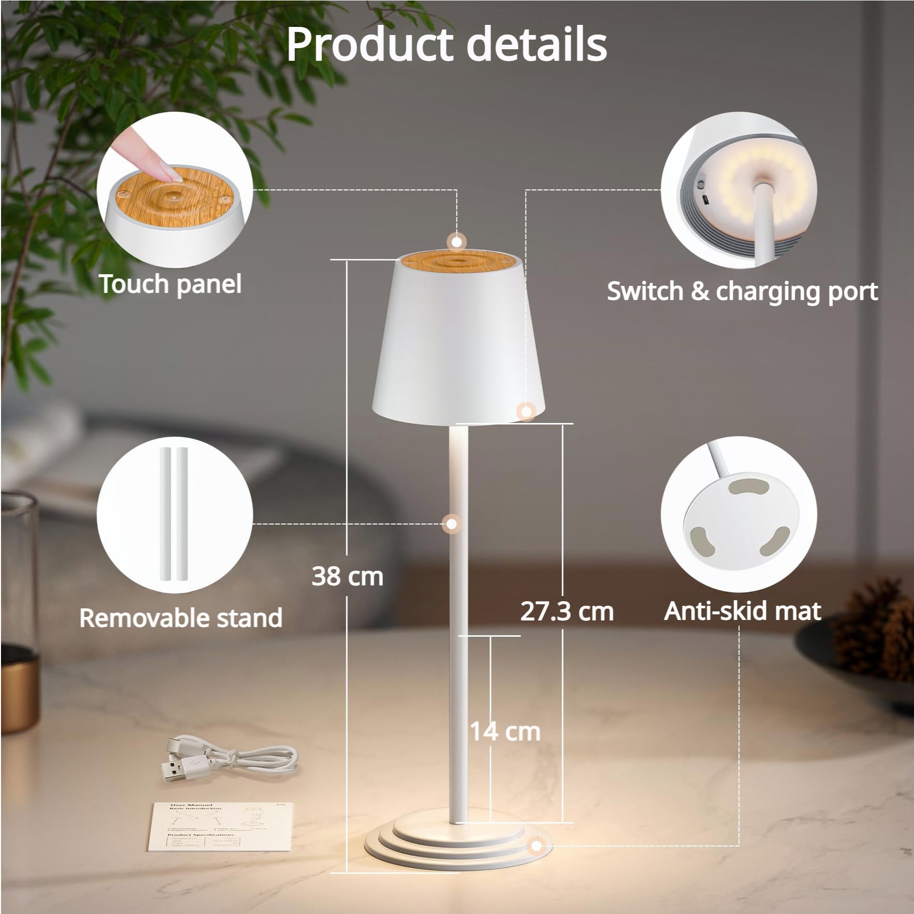 Lampada da tavolo LED senza fili Ricaricabile Dimmerabile touch ricarica connettore magnetico IP54 Uso Interno/Esterno batteria Lunga Durata 15 ORE Corpo in Alluminio casa bar ristoranti hotel VERDE