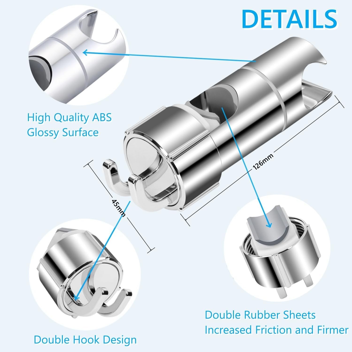 Support de pommeau de douche avec 2 crochets, support de douche à main, réglable à 360°, double antidérapant, facile à installer, argent - 5