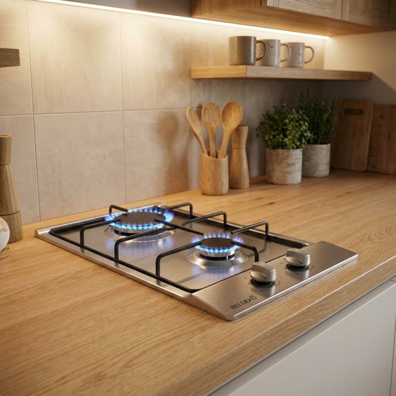 BELDEKO - Plaque Gaz 2 feux Inox - 3000W - Encastrable - Gaz ville et bouteille - 7