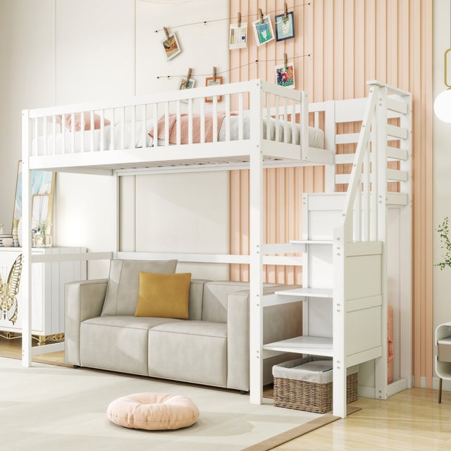 Lit mezzanine 90 x 200 cm avec armoire et escalier - bois massif et MDF - blanc (sans matelas)