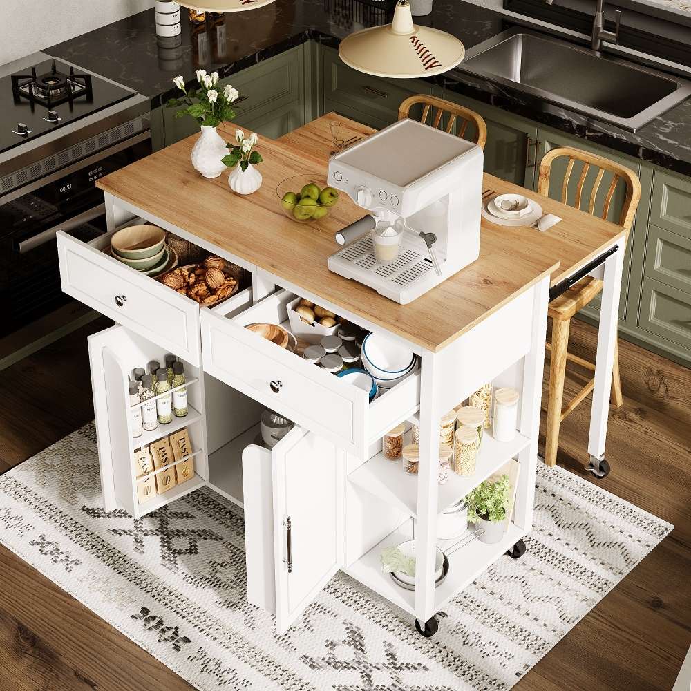 Îlot de cuisine haut de gamme sur roulettes, chariot multifonction couleur bois, 2 tiroirs avec grand espace de rangement, pour cuisine