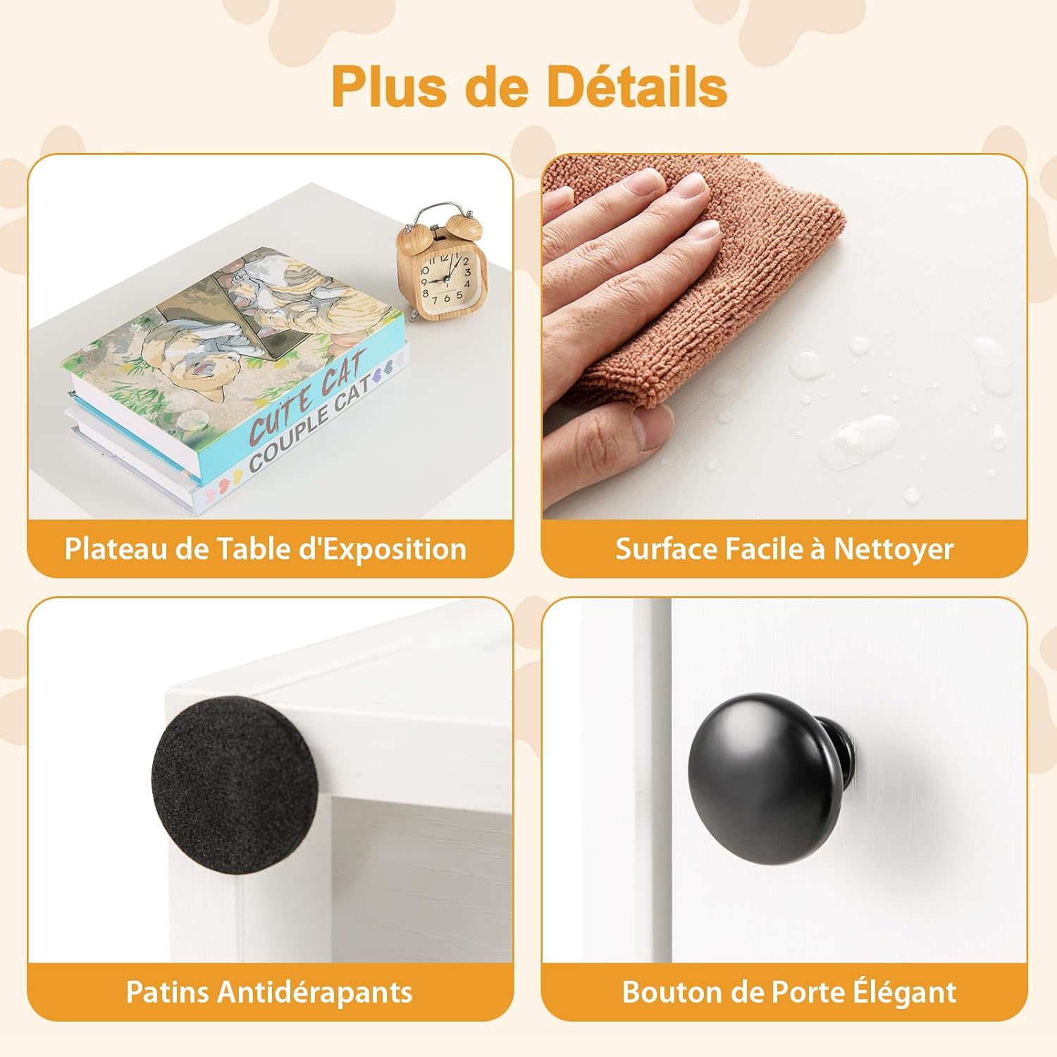 Meuble Litiere Chat en Bois, Grand Trou Ø 25 cm pour Accès, Maison pour Chat, Coussinets Antidérapants, Table d'Appoint, 51x47x57 cm, Blanc - 9