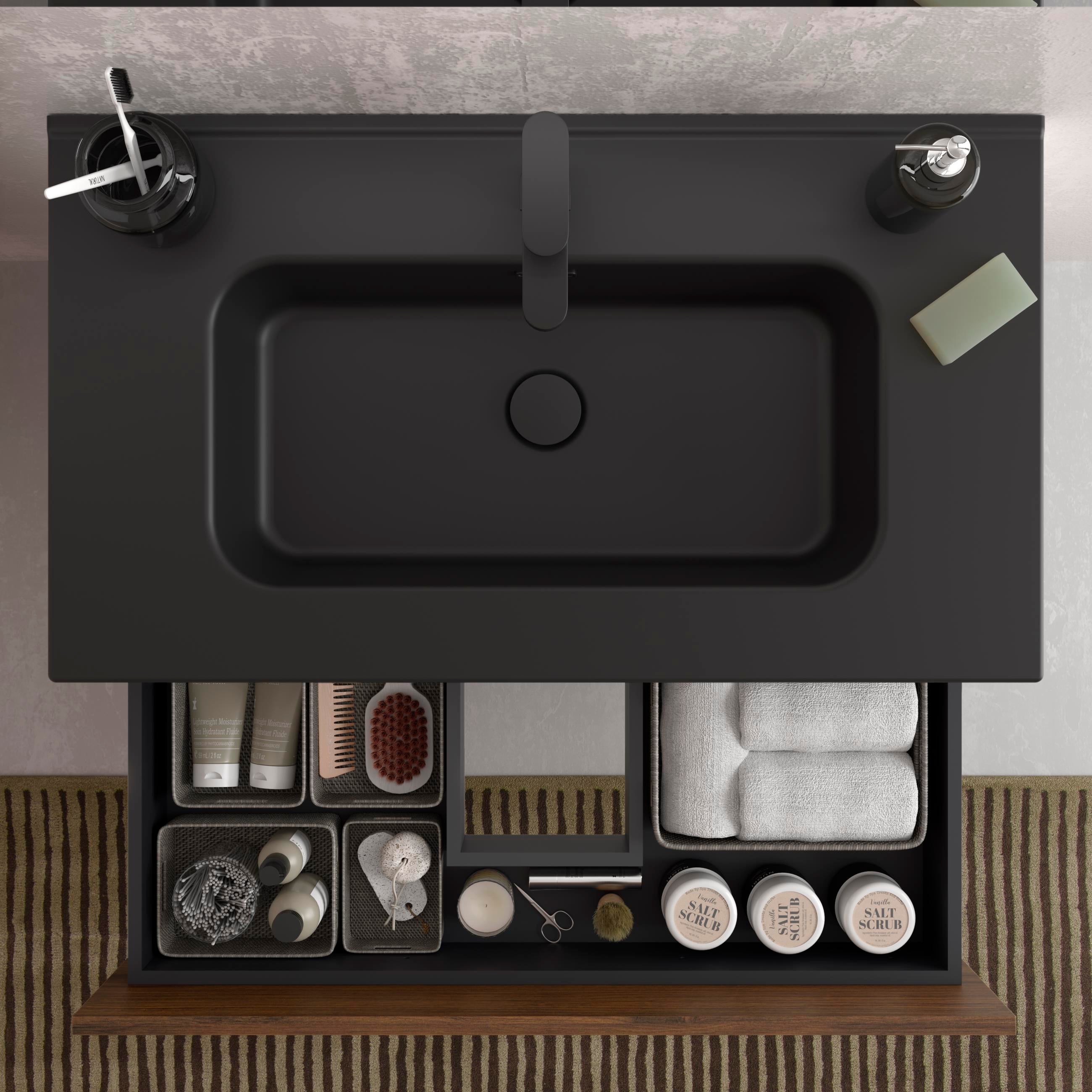 Meuble de salle de bain BEQUIA 100cm Noyer | Vasque Noir Porcelaine Centrale - 4