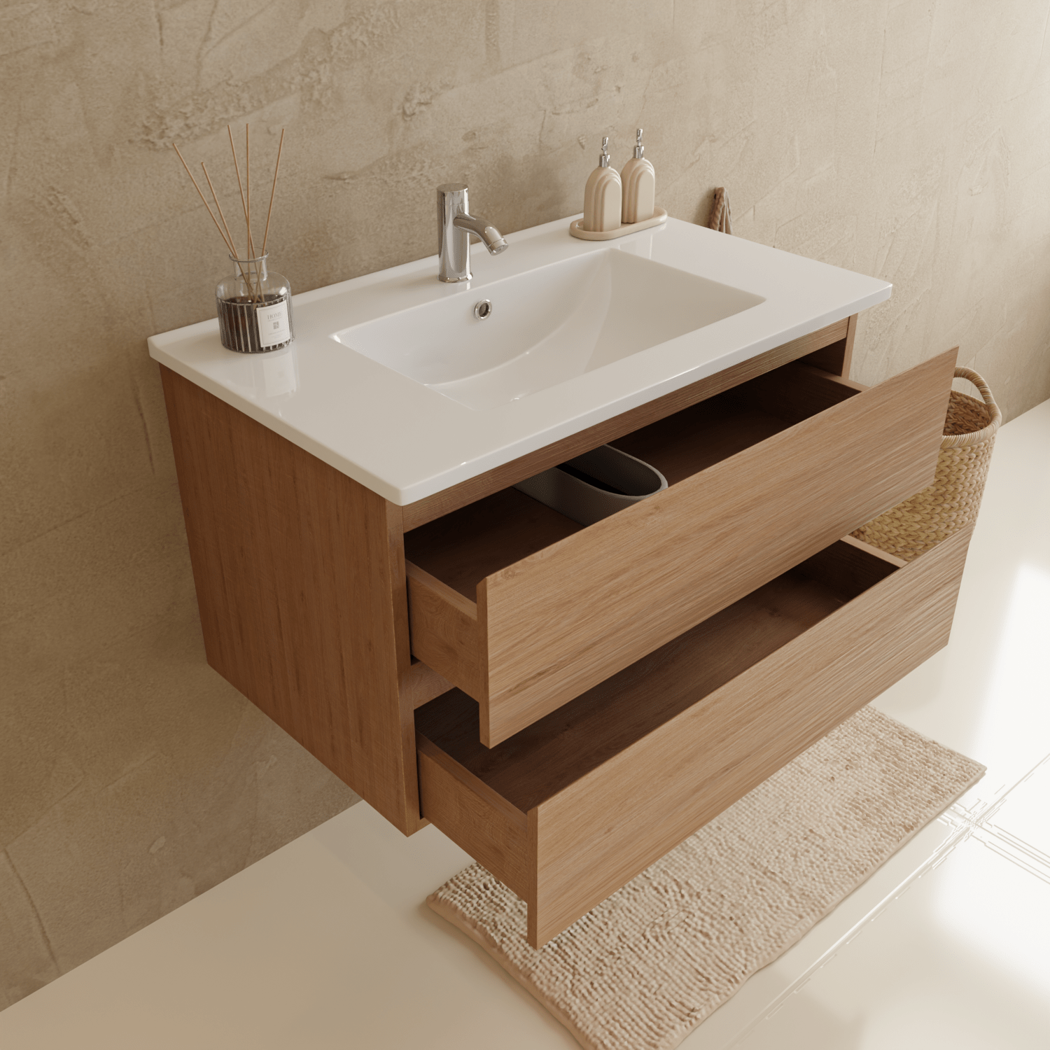 Ensemble Meuble Vasque 80 Cm Avec Colonne - Chêne Clair - Lavabo Blanc - LOMAZOO Verona - 3