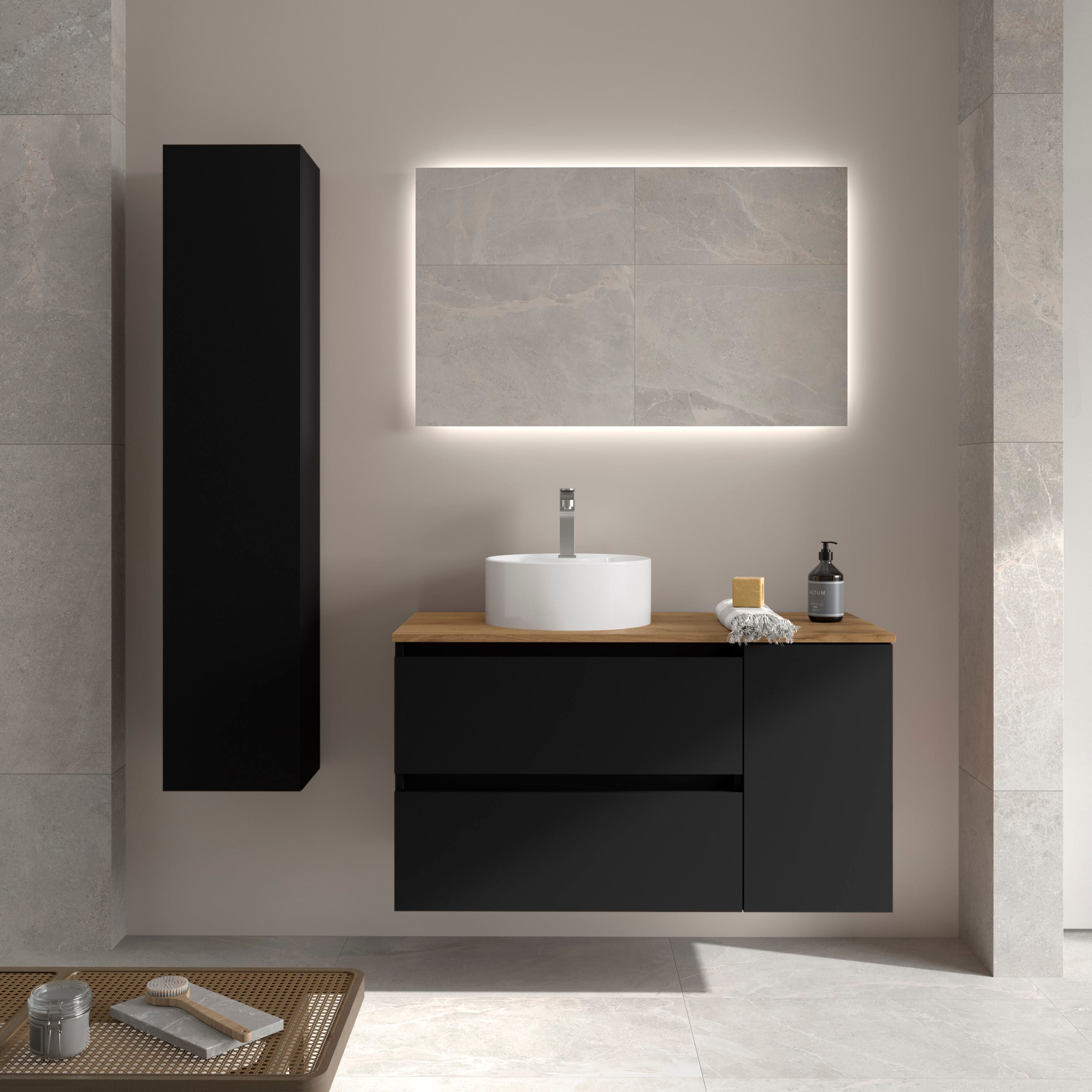 Meuble-lavabo en cuir toscan gris chêne massif avec comptoir en quartz Meuble-lavabo en cuir toscan gris chêne massif avec comptoir en quartz