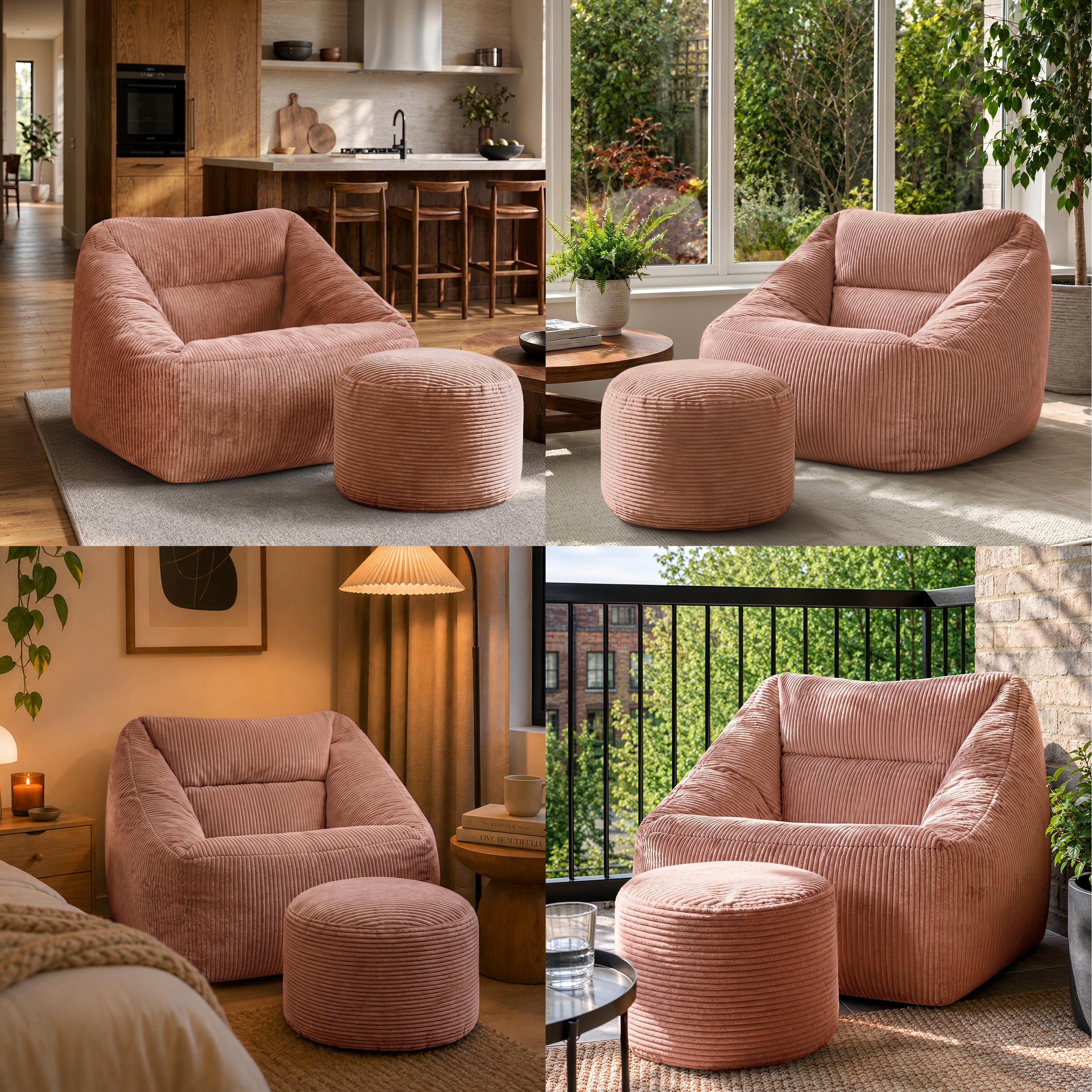 Pouf fauteuil salon avec repose-pied rond Icon velours côtelé rose aube 97x84cm Oeko-Tex® - 10