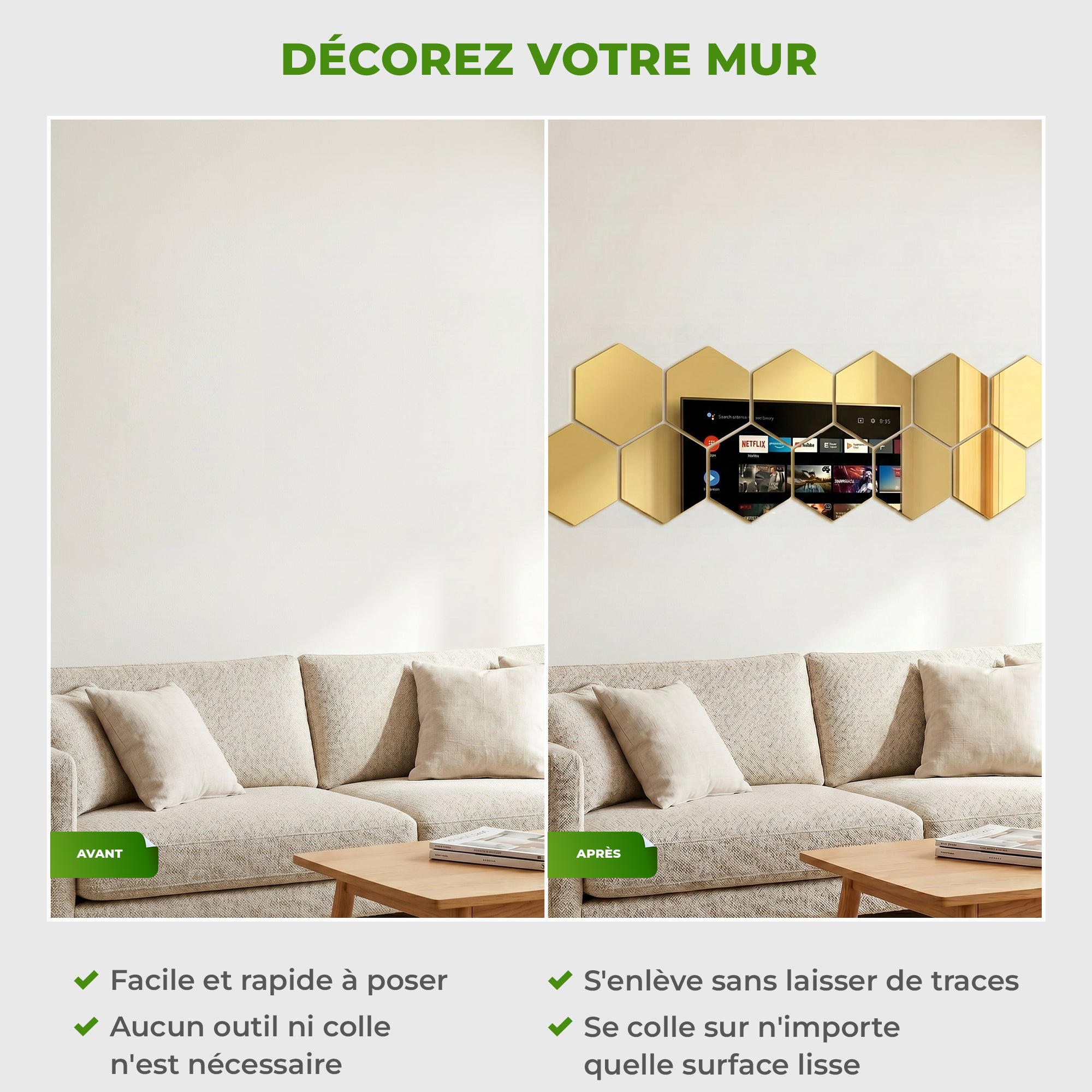 12 stickers miroirs hexagones or - 20x17cm - Autocollants stickers adhésifs effet miroir - 3