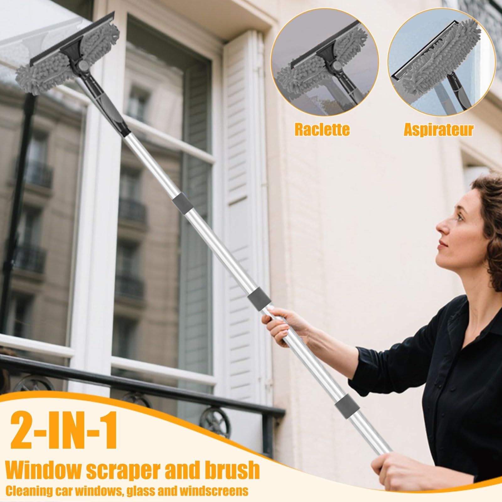 Plumeau Telescopique 4m, Tete De Loup Telescopique avec Extension RéGlable 1.5-4m, Balai AraignéE Tete De Loup Telescopique, Raclette De FenêTre - 5