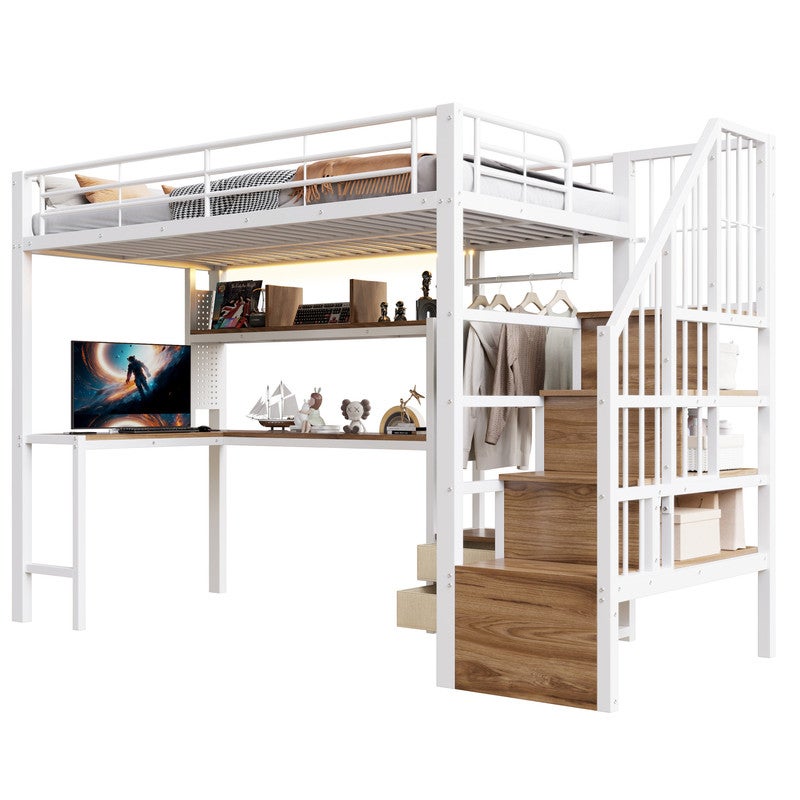 Łóżko piętrowe 90x200 cm - Żelazna rama - 2 szuflady - drążek na ubrania - oświetlenie LED - biurko - białe (materac nie jest wliczony w cenę)