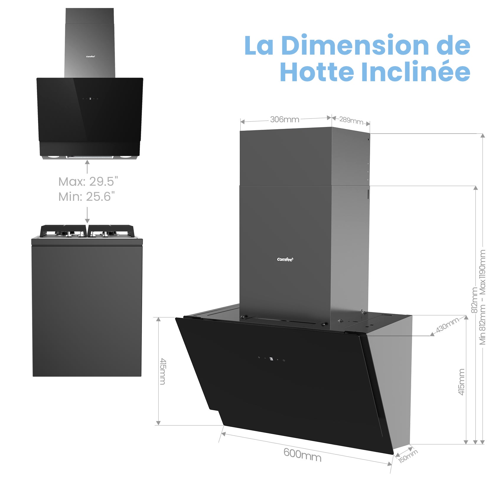 COMFEE Hotte Aspirante Inclinée 60cm - 650m³/h - Classe A+++ - Commandes Gestuelles - 4 vitesses - 2 Filtres à Charbon - Verre Noir - 2*1.5W LED - 7
