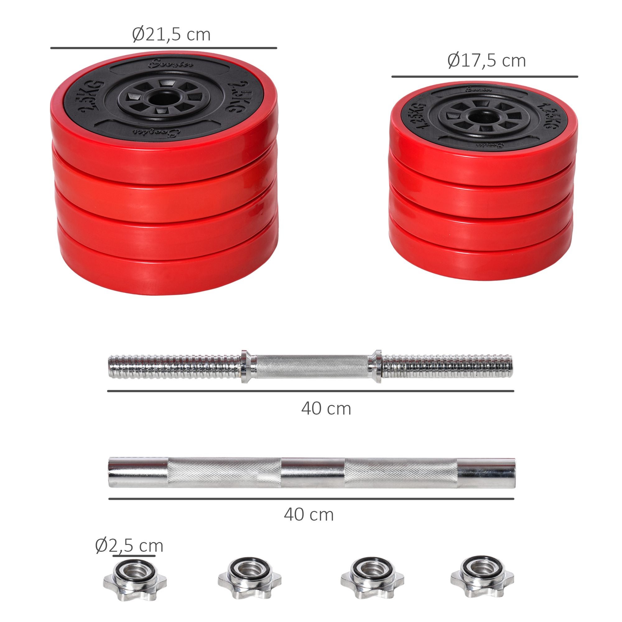 Conjunto de Halteres HOMCOM Preto e Vermelho Metal, PP, Areia de Ferro Ø21.5x3.8cm - 3
