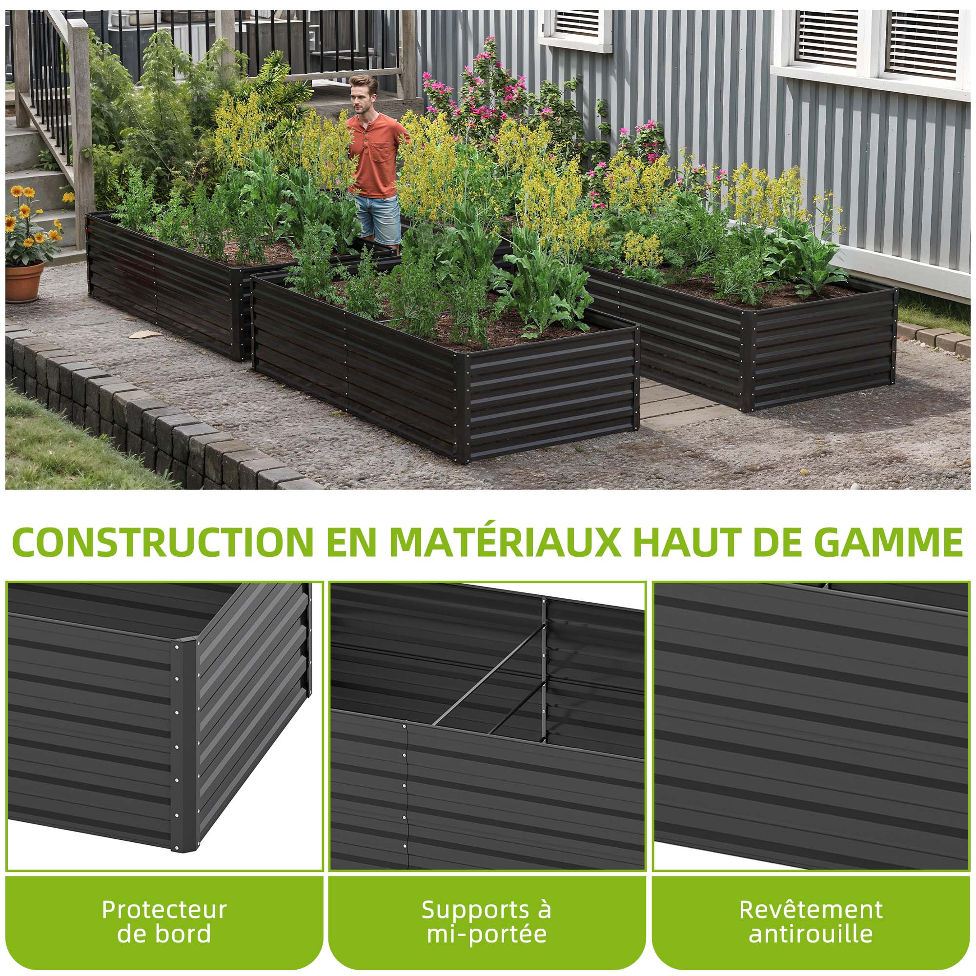 Lot de 2 Carré Potager de Jardin, 180x90x60 cm, Lit Jardinière surélevée, en Métal pour Jardin Forme carrée - 5