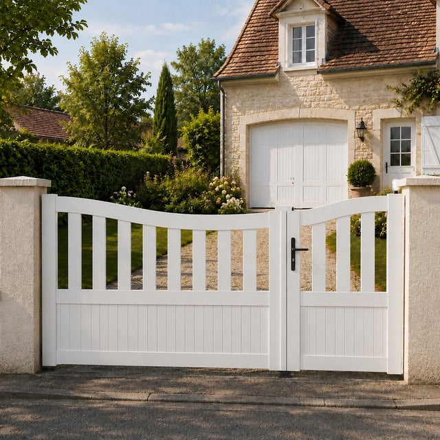 Portail battant manuel PVC blanc structure renforcée H 146 x L 250 cm BREST incurvé