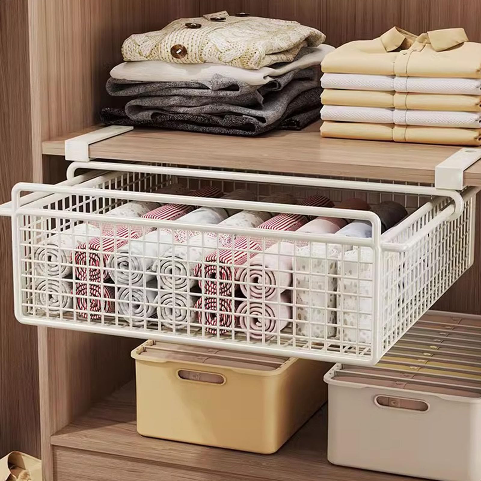 Panier de rangement suspendu métallique coulissant sous étagère multifonctionnel pour vêtements,économie d'espace,organisateur de garde-robe L - 9