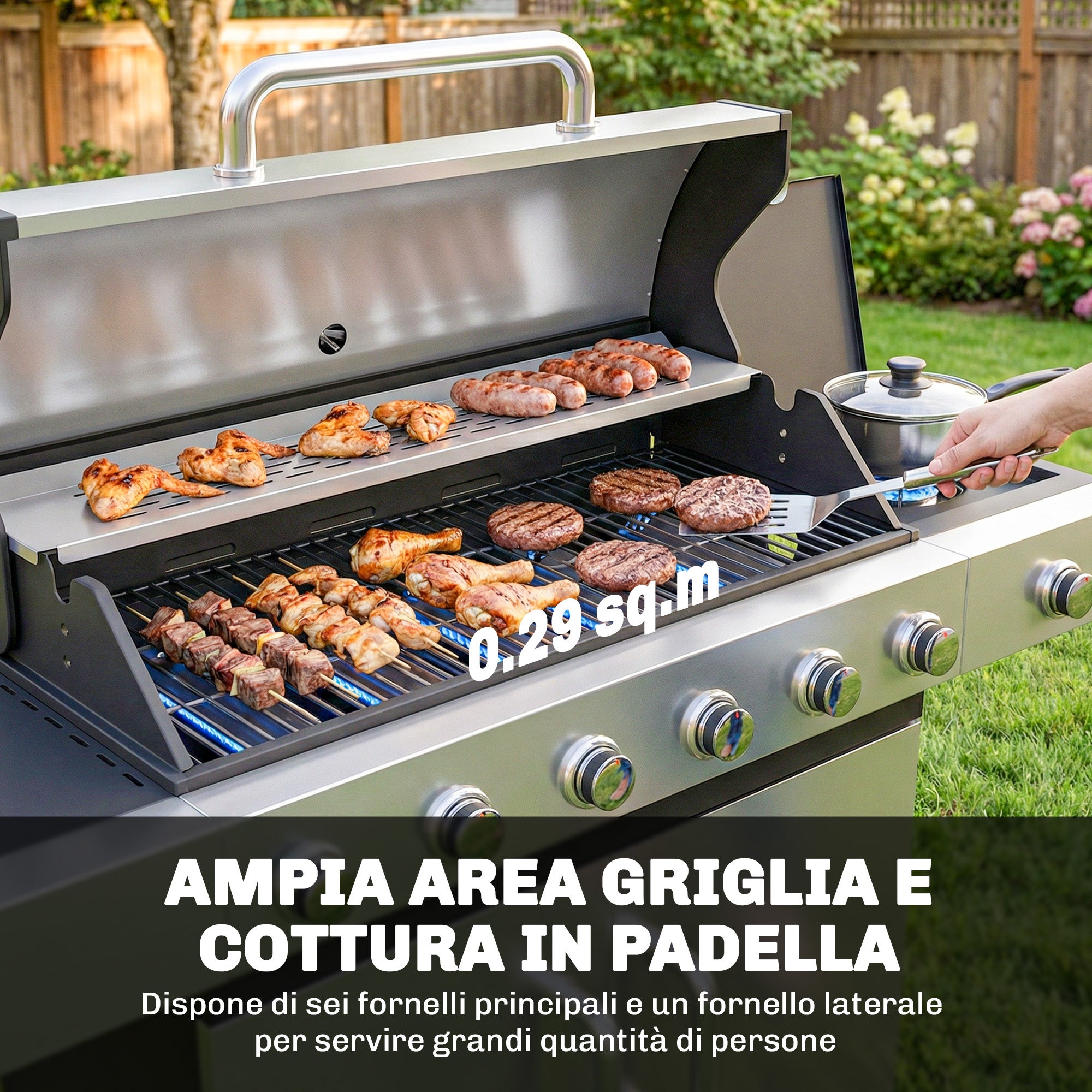 Outsunny Barbecue a Gas Propano a 6 Fuochi con Bruciatore Laterale, 63.000 BTU, Griglia in Acciaio Inox, Argento e Nero - 4