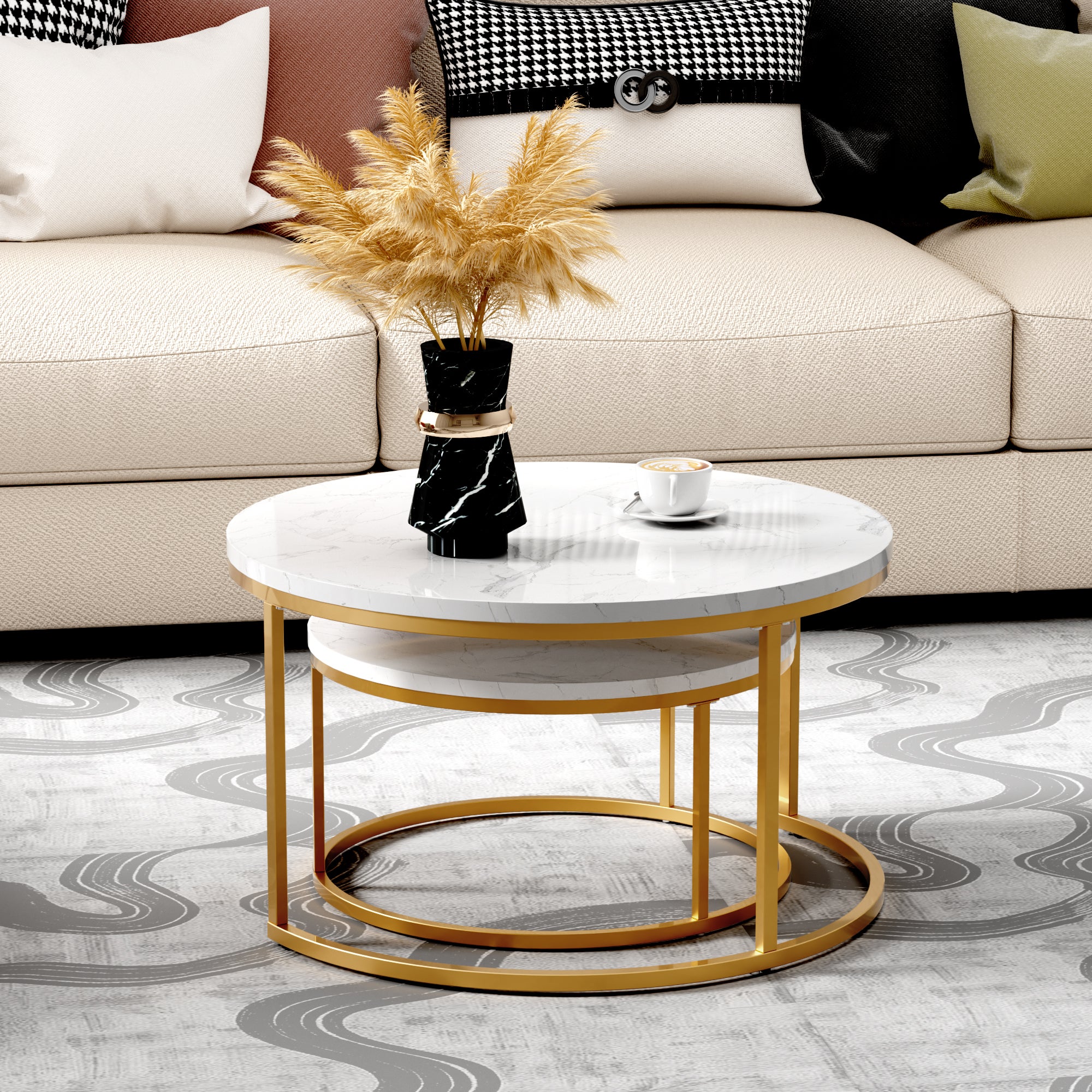 Lot de 2 Tables Basses Gigognes en MDF, Table d'Appoint pour Salon, Doré - 5