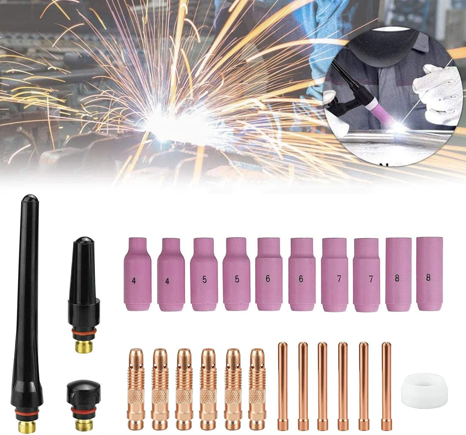 Kit 26 Pièces Accessoires TIG WP-17/18/26 – Buses Céramique, Collets, Corps, Capuchons