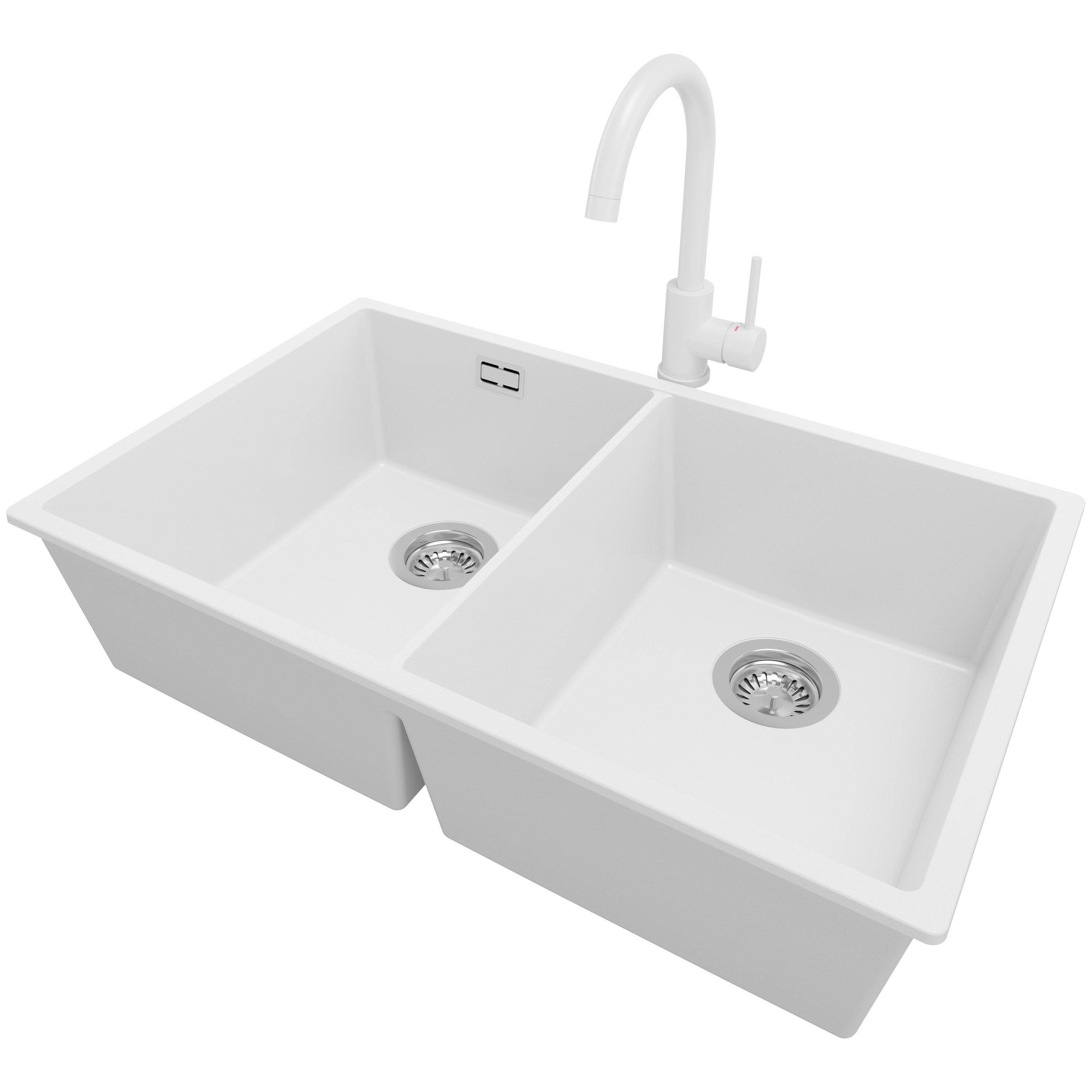 Zlewozmywak podblatowy Biały 76x47cm, Zlew Kuchenny 2 Komorowy + Bateria 32x20cm + Syfon, do szafki od 80cm - Londyn Twin PRIMAGRAN