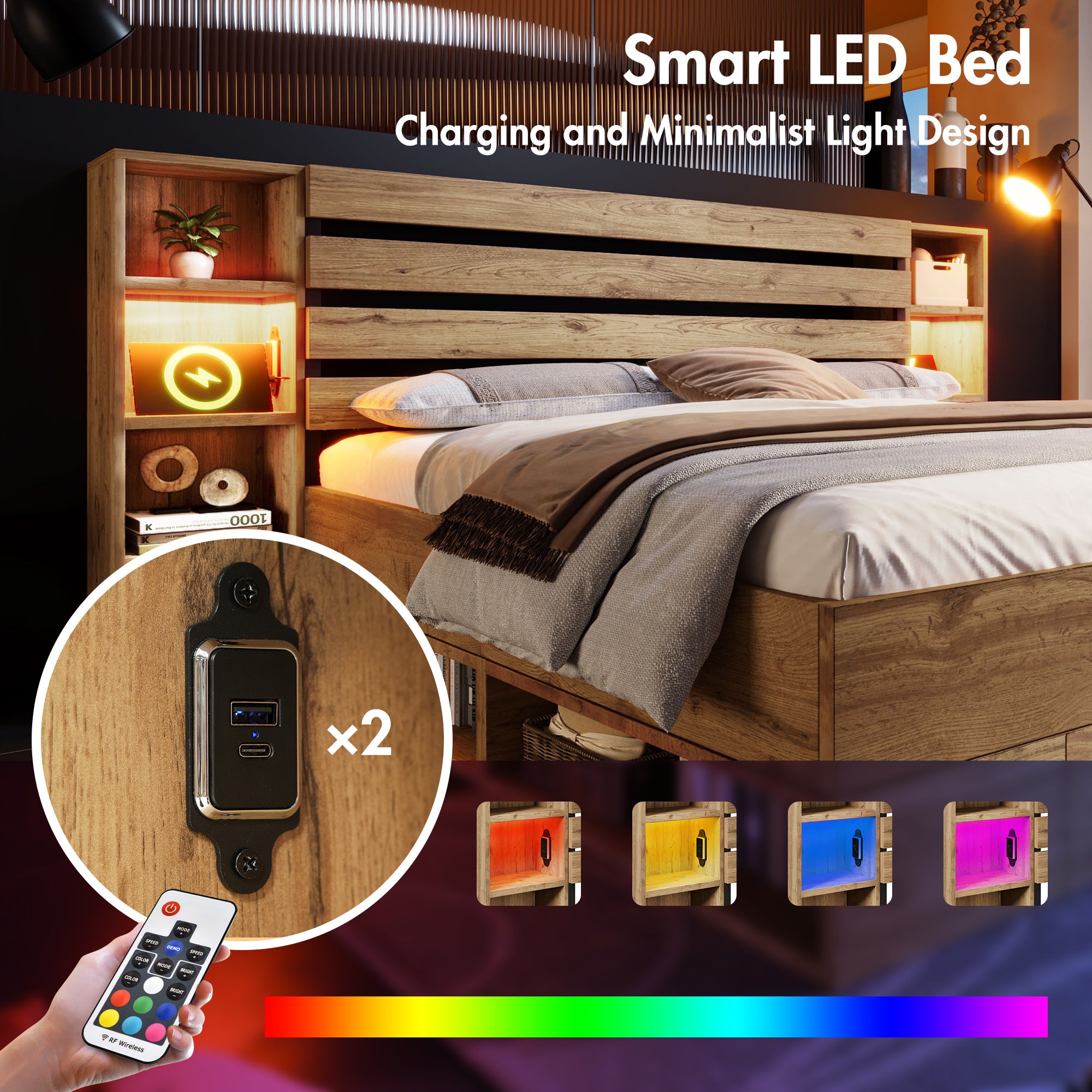 Lit Double 180x200 avec LED et USBC, Lit Industriel avec tête de lit et tiroirs de Rangement, Chêne (Sans Matelas) - 5
