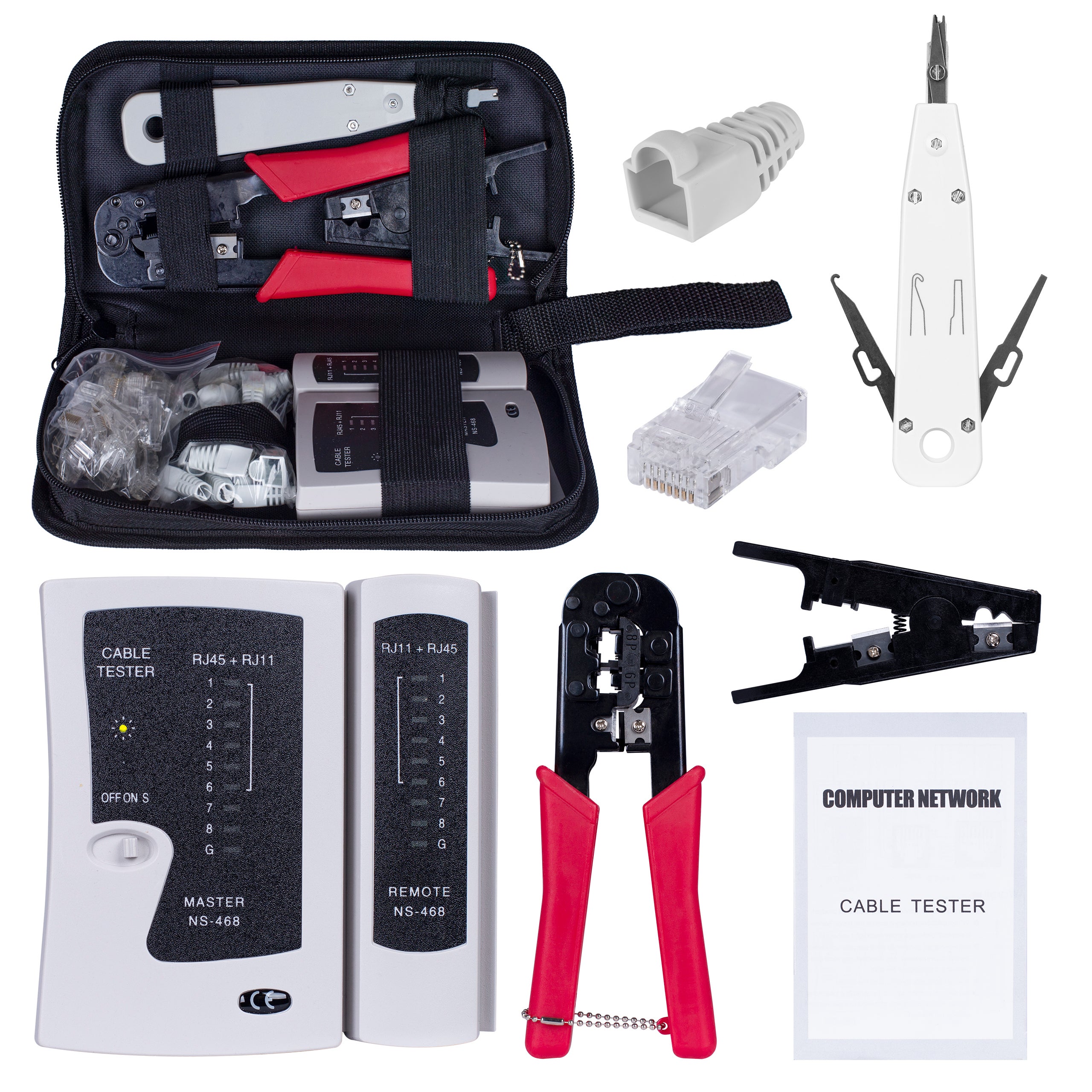 NEKU ZESTAW SIECIOWY LAN RJ45 6w1 TESTER ŚCIĄGACZ ZACISKARKA WCISKACZ ETUI