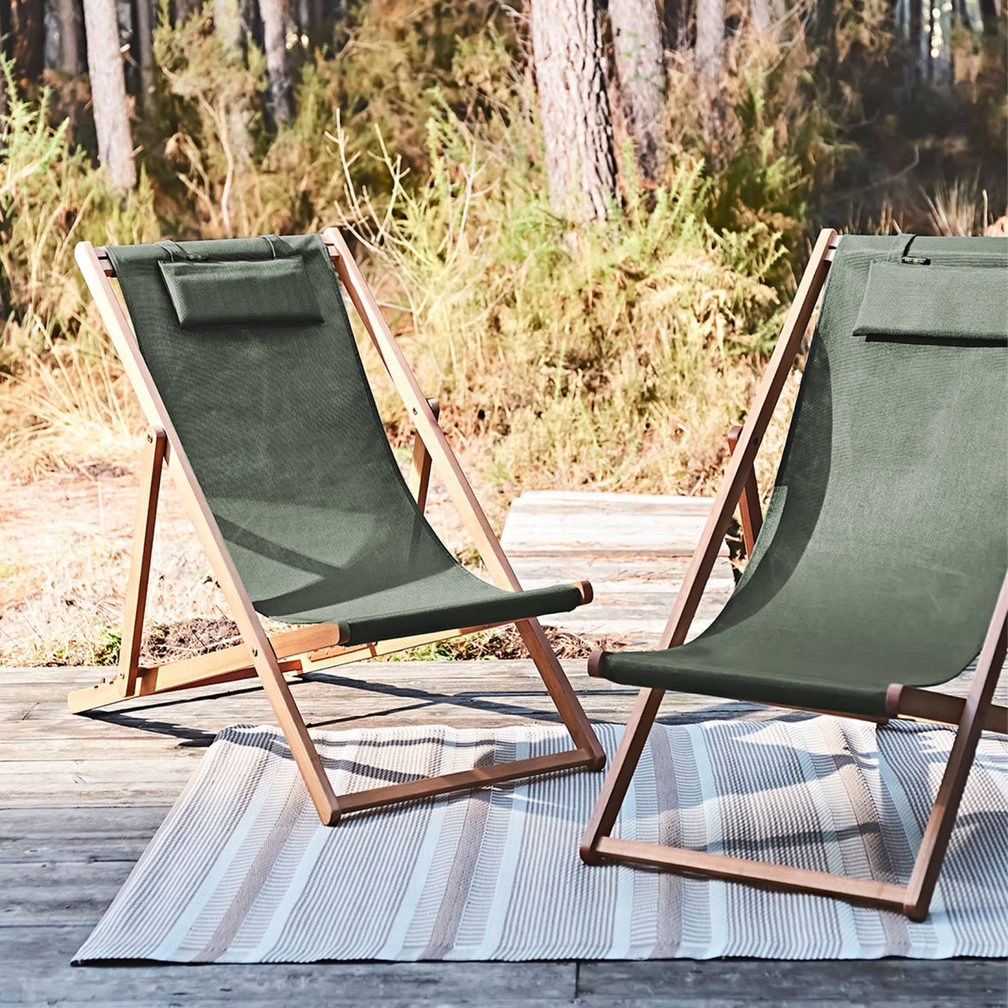 Chiliennes bois - Creus - 2 transats en bois d'Eucalyptus huilé avec coussin repose-tête savane CREUS - 2