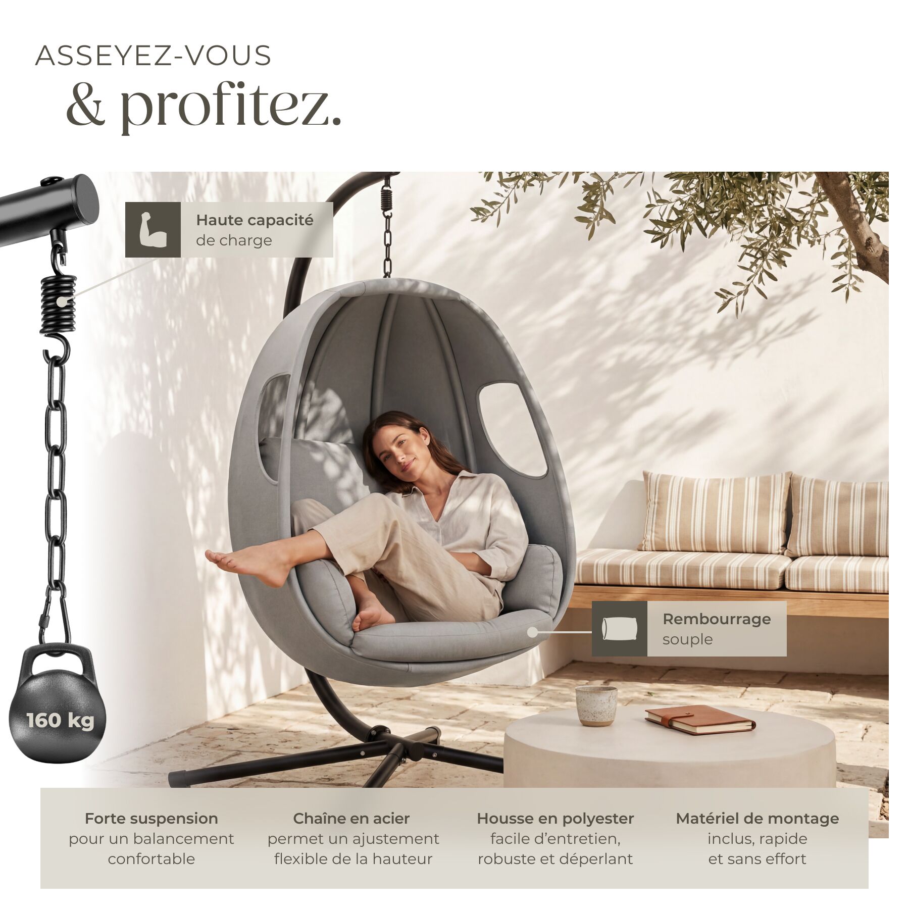 TECTAKE Espreguiçadeira suspensa com estrutura Com almofada de assento ultra espessa, giratória 360° - 4