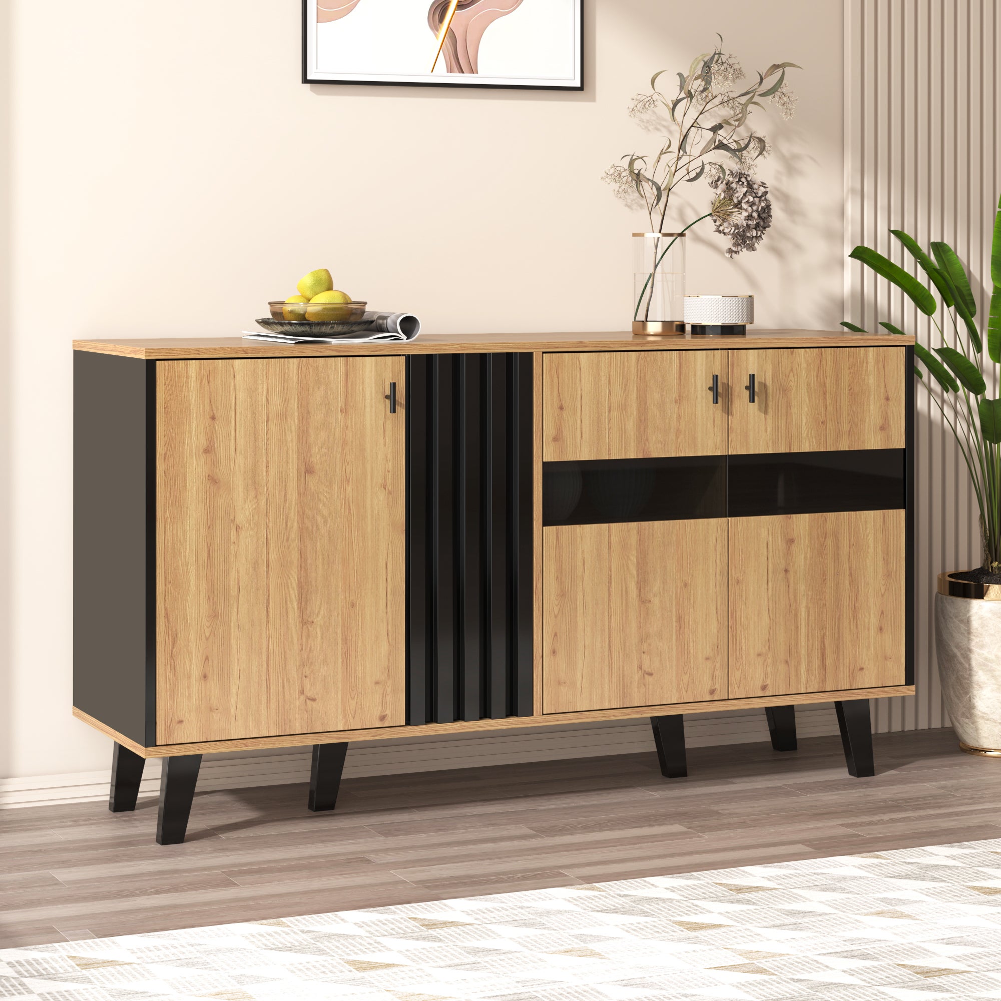 Komoda niska z 3 drzwiami - 140 x 78,5 x 41 cm - Szkło i płyta wiórowa - Diody LED - Naturalny