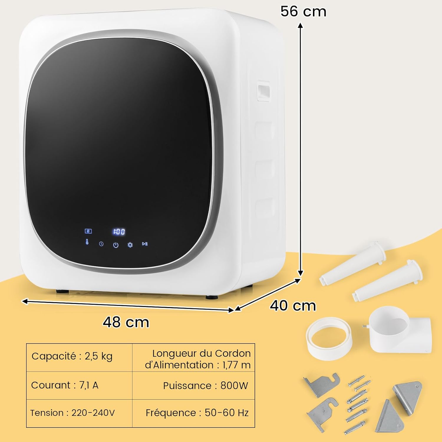 Kompaktowa suszarka elektryczna 2,5 kg, 800 W z bębnem ze stali nierdzewnej, ekranem dotykowym LED i inteligentnym suszeniem (elektronicznym) - 5