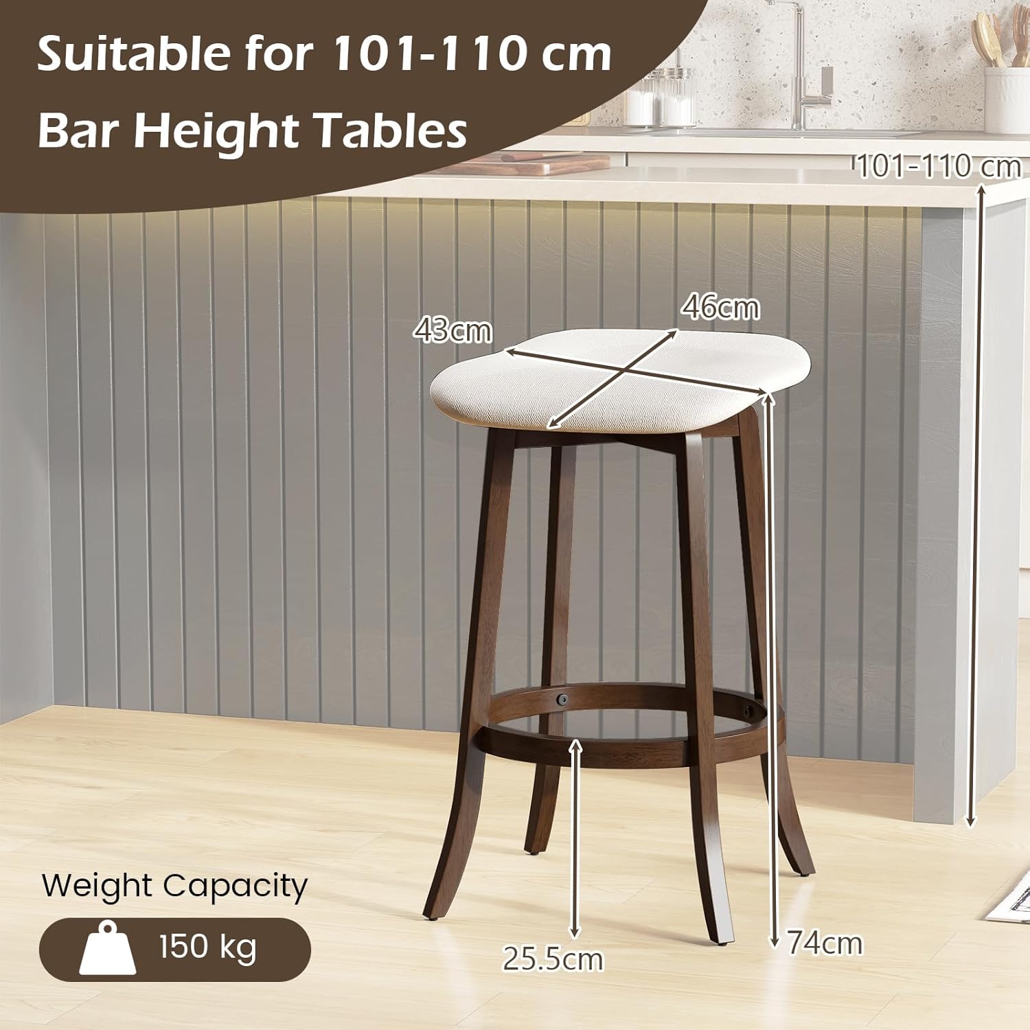 Zestaw 2 Stołków Barowych, Stołek Kuchenny Obracający się o 360°, Stołek Barowy z Podnóżkiem, Stołek Bistro - 3