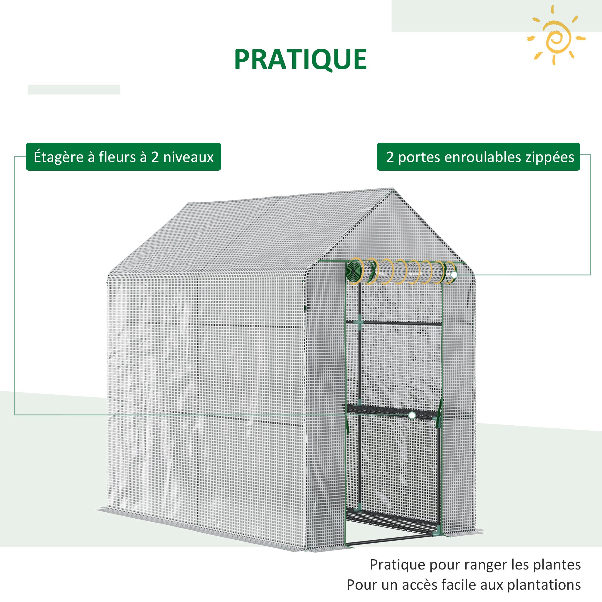 Serre de jardin PE avec étagère 2 niveaux,serre de balcon,bâche renforcée 140g/m²,châssis en acier,porte zippée enroulable,186x120x190cm,blanc - 7