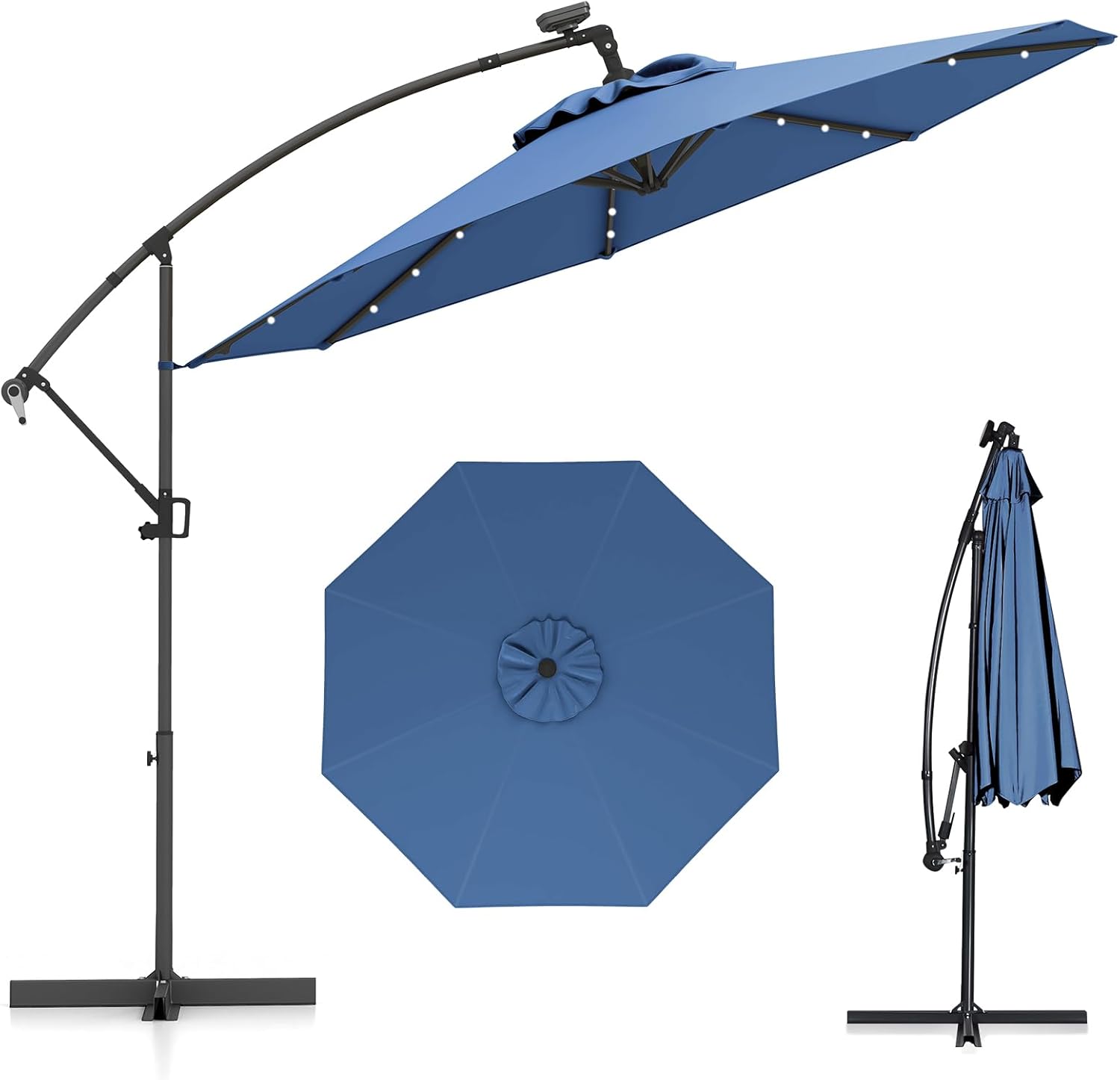 Parasol przeciwsłoneczny 300 cm z oświetleniem solarnym LED, obracany o 360°, z korbą i nóżką krzyżową, na taras, do ogrodu, balkon, niebieski, Groß