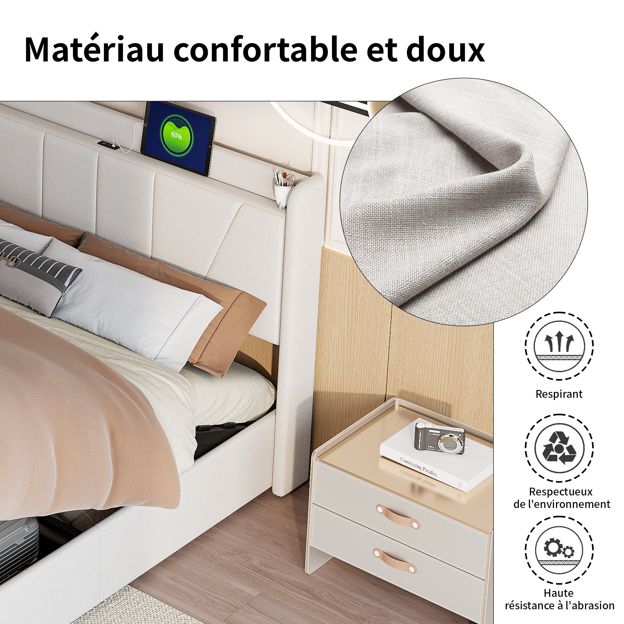 Lit Coffre 160x200 avec USB et Type C, Lit capitonné avec Sommier à Lattes, Lit Double, Beige - 3