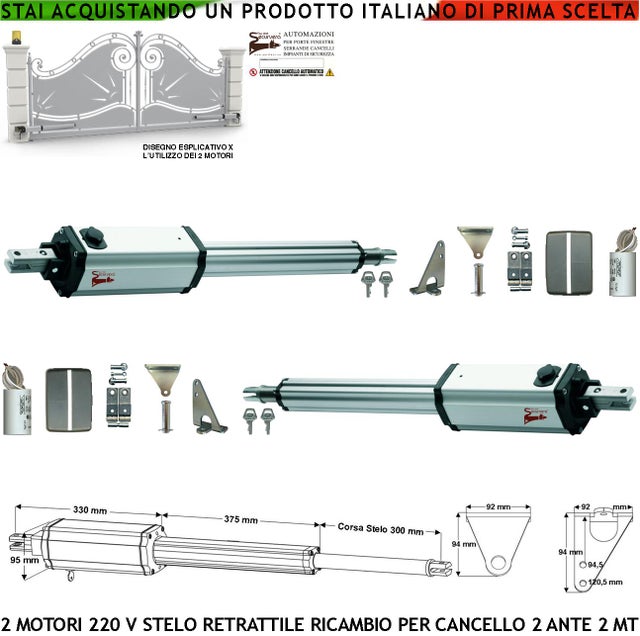 Motori Elettromeccanici 20 V Per Cancello Elettrico 4 Metri 2 Ante da 2 MT Stelo Retrattile Corsa 300 mm Condensatore 12 µF 400 V Ricambio Universale
