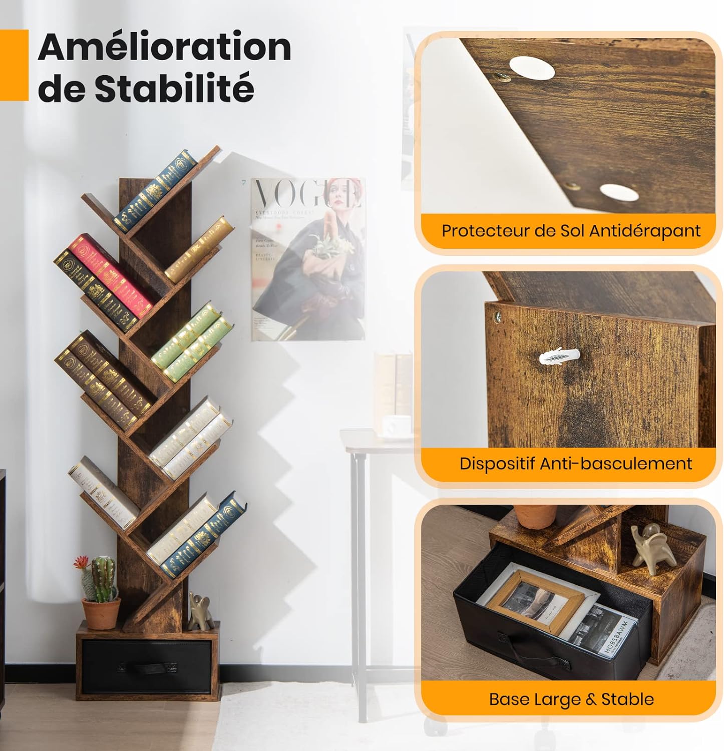 Libreria ad Albero a 10 Ripiani, Cassetto con Maniglia, Scaffale Espositore Stretto e Multiuso, Organizer per Libri, CD e Ornamenti, Arredo per - 6