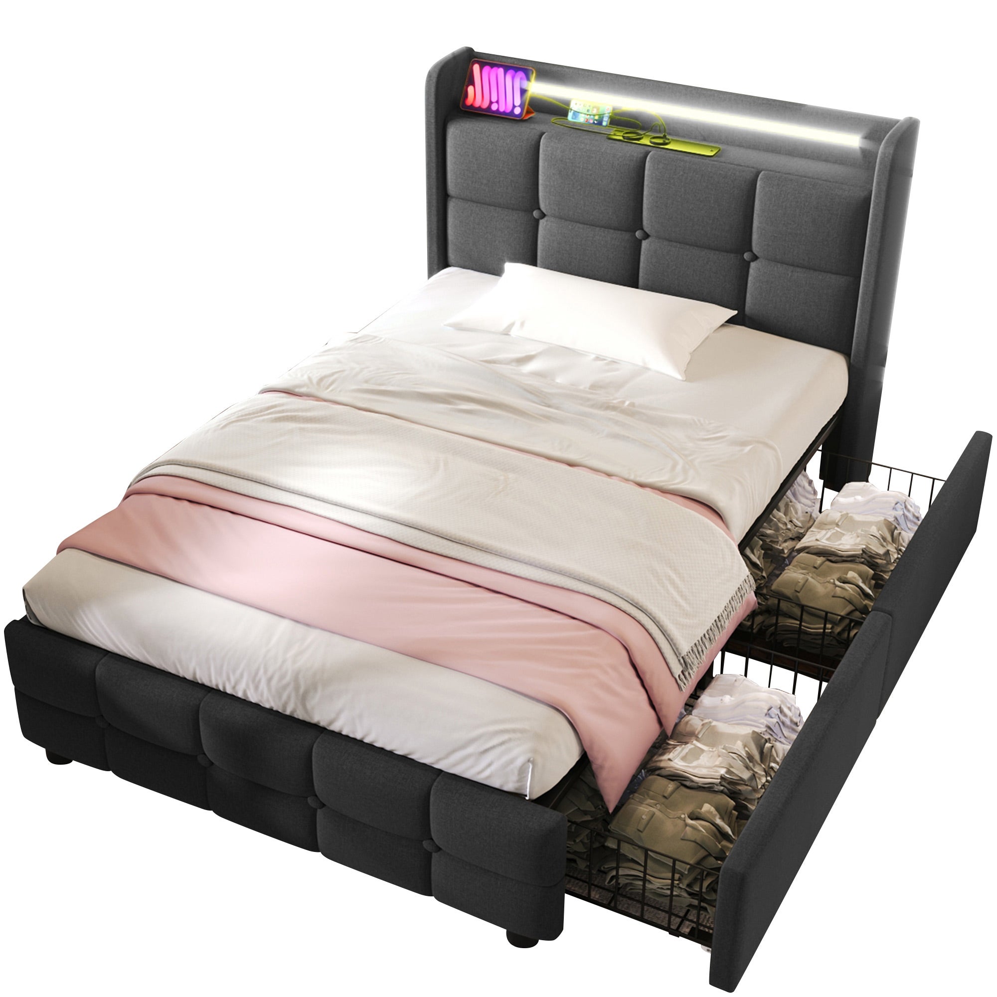 AOGLLATI Lit Flottant 160×200 CM, Cadre de Lit avec Éclairage LED, Multiprise, Tête de lit avec Rangement,Tissu en Lin, Structure Stable, Pas de Bruit, Pas Besoin de Sommier, Gris Fonc