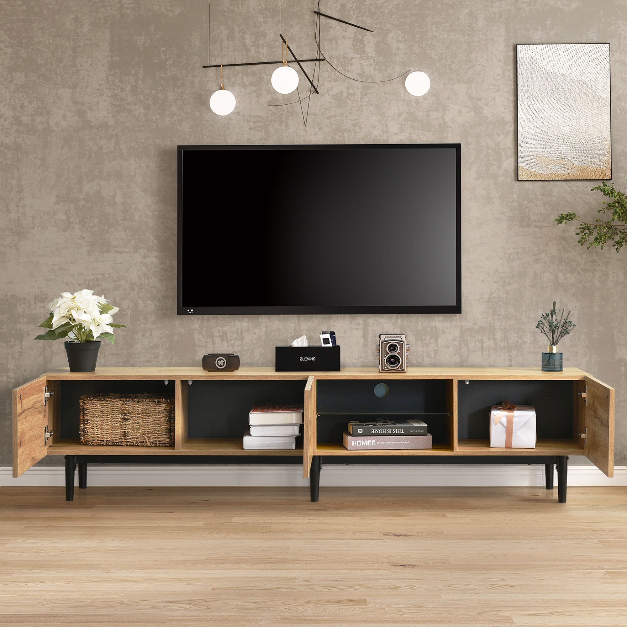 Mobile TV 175 cm - 3 ante e ripiano in vetro - LED - Legno MDF - colore naturale - 3