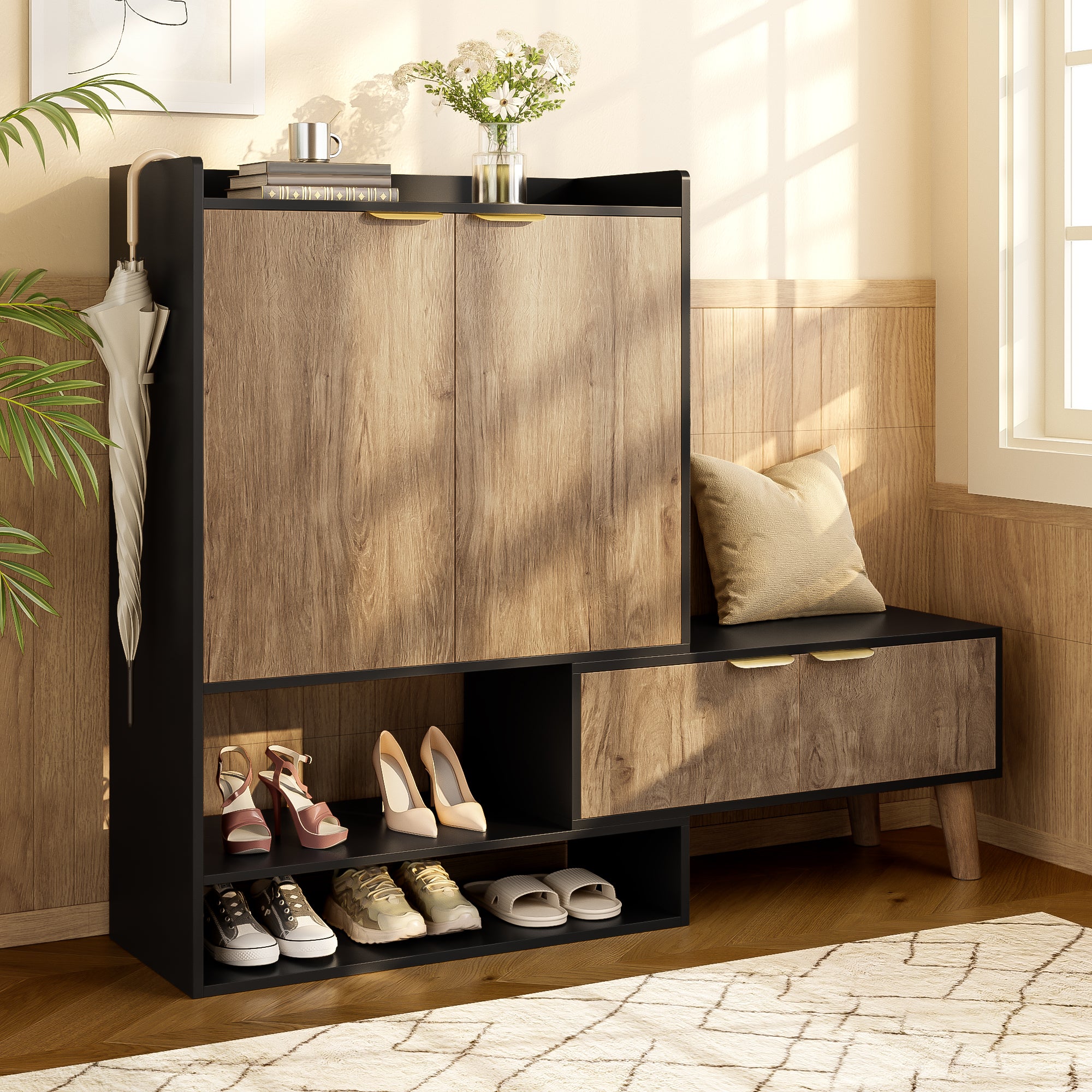 Szafka na buty z wysuwanym, obrotowym siedziskiem, 4 drzwiami i otwartymi półkami - 87 x 35 x 113 cm - Płyta wiórowa - Czarny + drewno